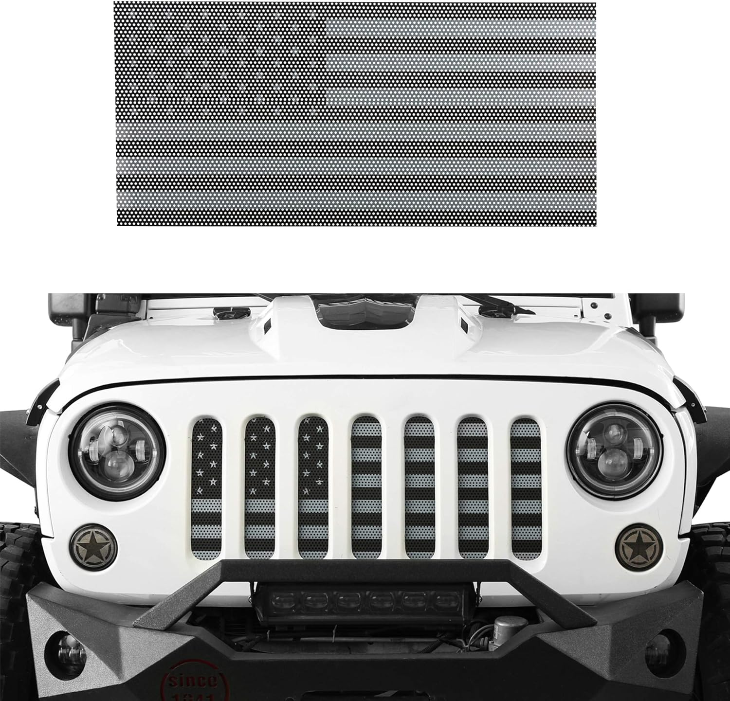 American Flag Front Grille Grid Mesh Screen Steel Screen Insert Fits for 2007-2018 Jeep Wrangler JK& JKU Unlimited (Classic Light Black & White) image number 1