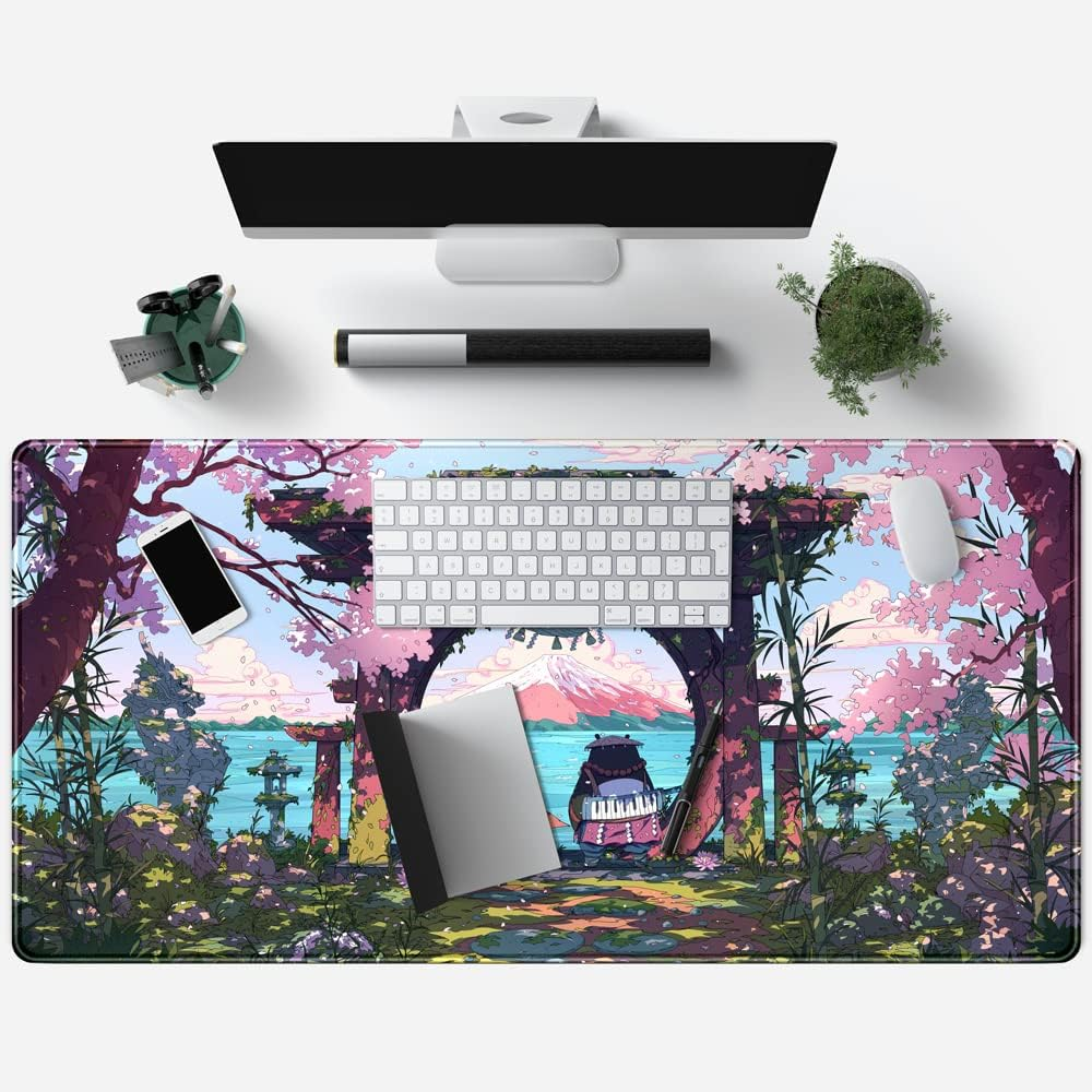 Pink Japan Desk Pad Anime Gaming Green Mouse Large for Computer Pc Laptop Office Decor Women, Keyboard Stitched Edges Non-Slip Rubber Mat (31.5X15.7 In) image number 2
