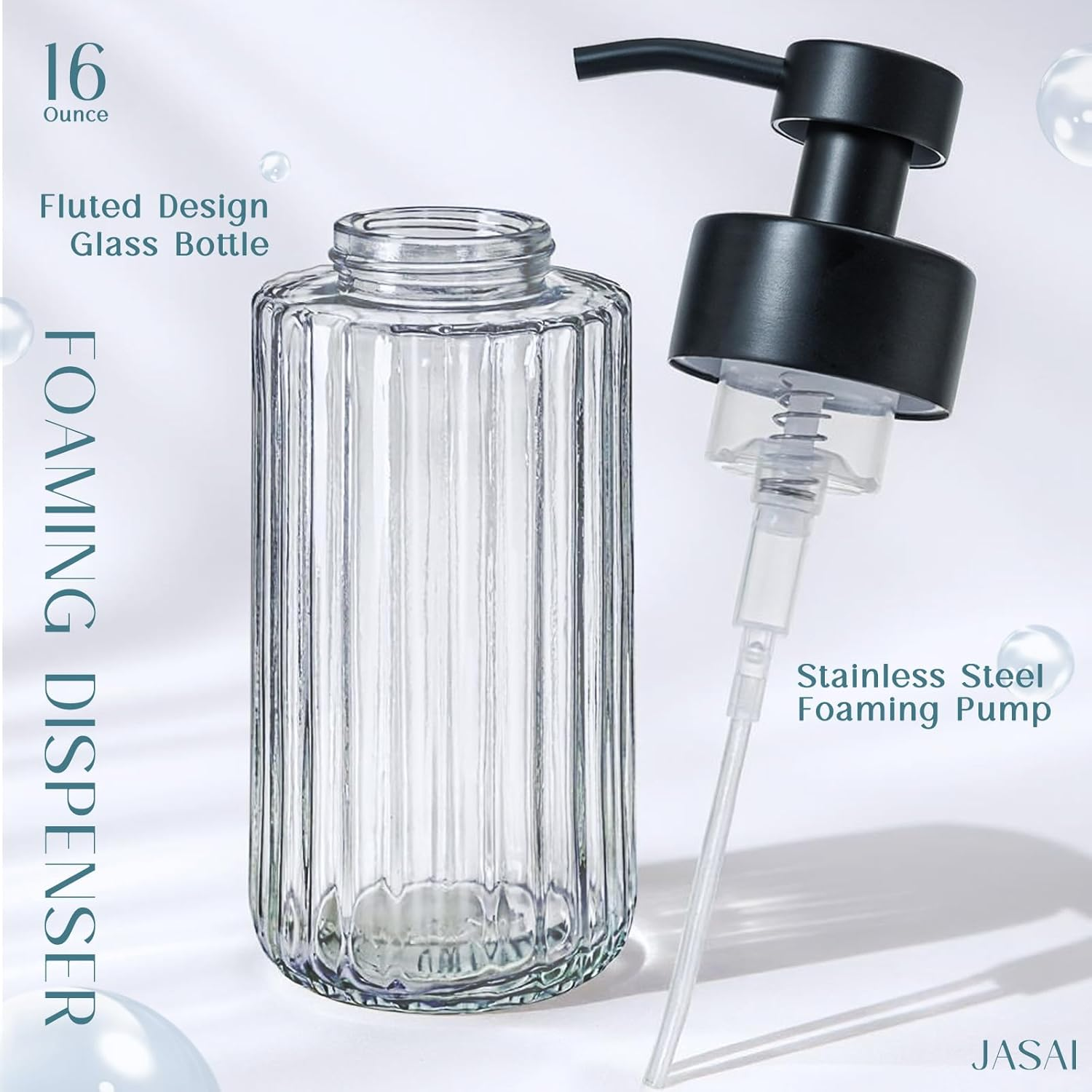 JASAI 16Oz Glass Foaming Soap Dispenser with Black Rust Proof Pump, Refillable Foam Soap Dispenser with Thick Glass, Foaming Hand Soap Dispenser for Bathroom & Kitchen（Black） image number 5