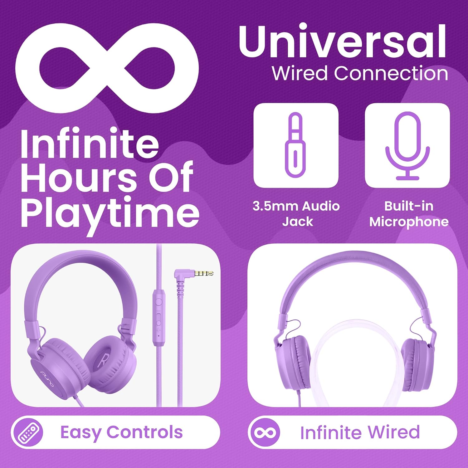 Puro Sound Labs Purobasic Volume Limiting Wired Headphones for Kids, Boys, Girls 2+ Foldable & Adjustable Headband W/Microphone, Compatible with Ipad, Iphone, Android, PC & Mac, Purple