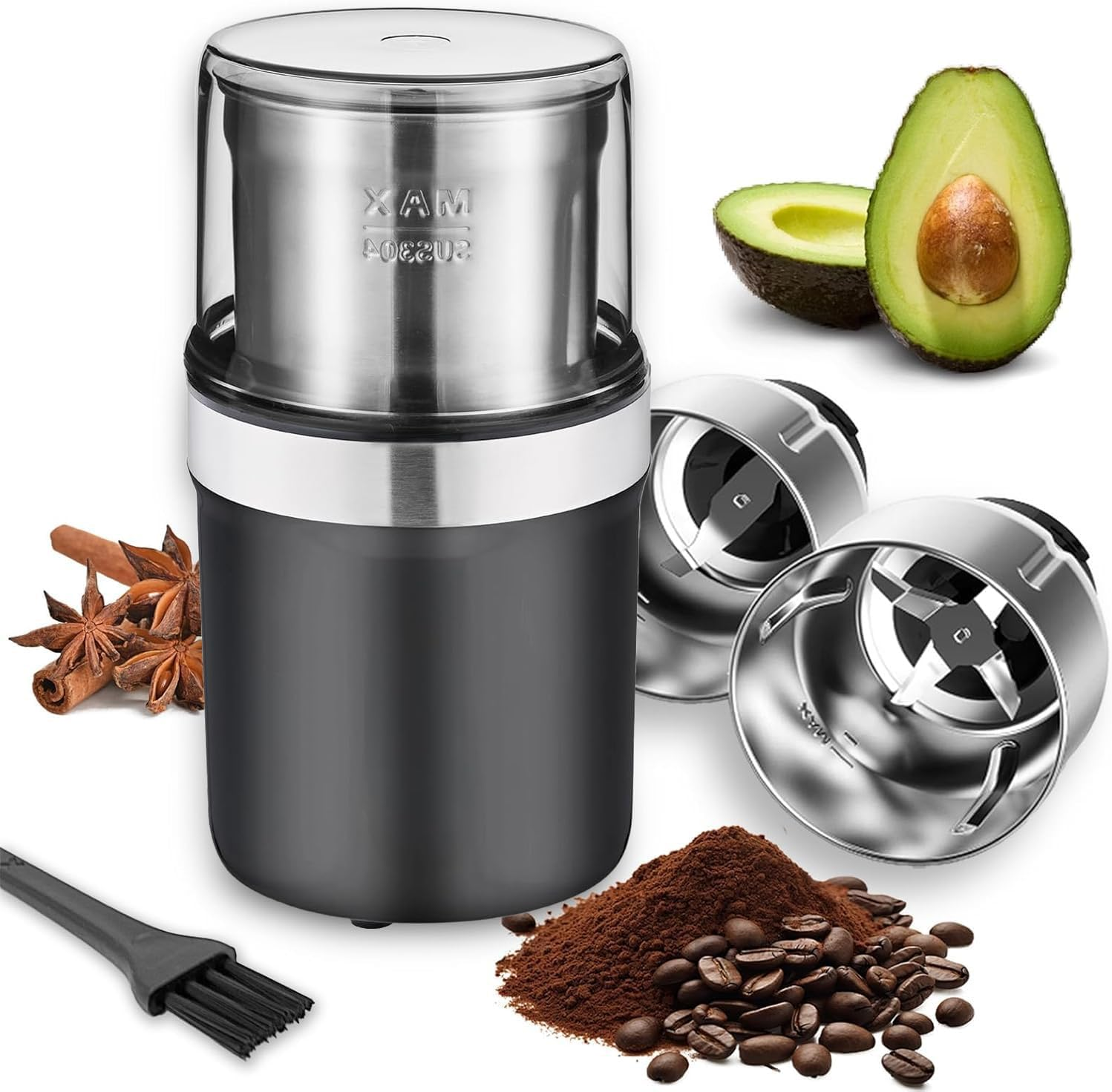 Electric Coffee Grinder & Spice Grinder, 3.5Oz /100G Capacity, Dual Leaf Stainless Steel Blade for Coffee Beans, Herbs, Nuts, 2 Removable Stainless Steel Bowls - Perfect for Home, Kitchen, Camping image number 2