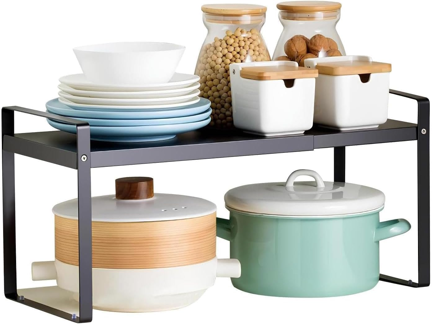 HCHANGEN Kitchen Cabinet Organiser Shelf, Metal Storage Rack for Kitchen, Bathroom, Countertop (Black)