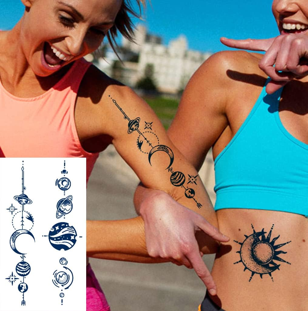 Space Semi Permanent Tattoo, 6-Sheet Long Lasting 1-2 Weeks Temporary Tattoos Universe Sun Moon Stars Tattoo Stickers, Waterproof 100% Plant-Based Ink Infinity Realistic Fake Tattoos For image number 1