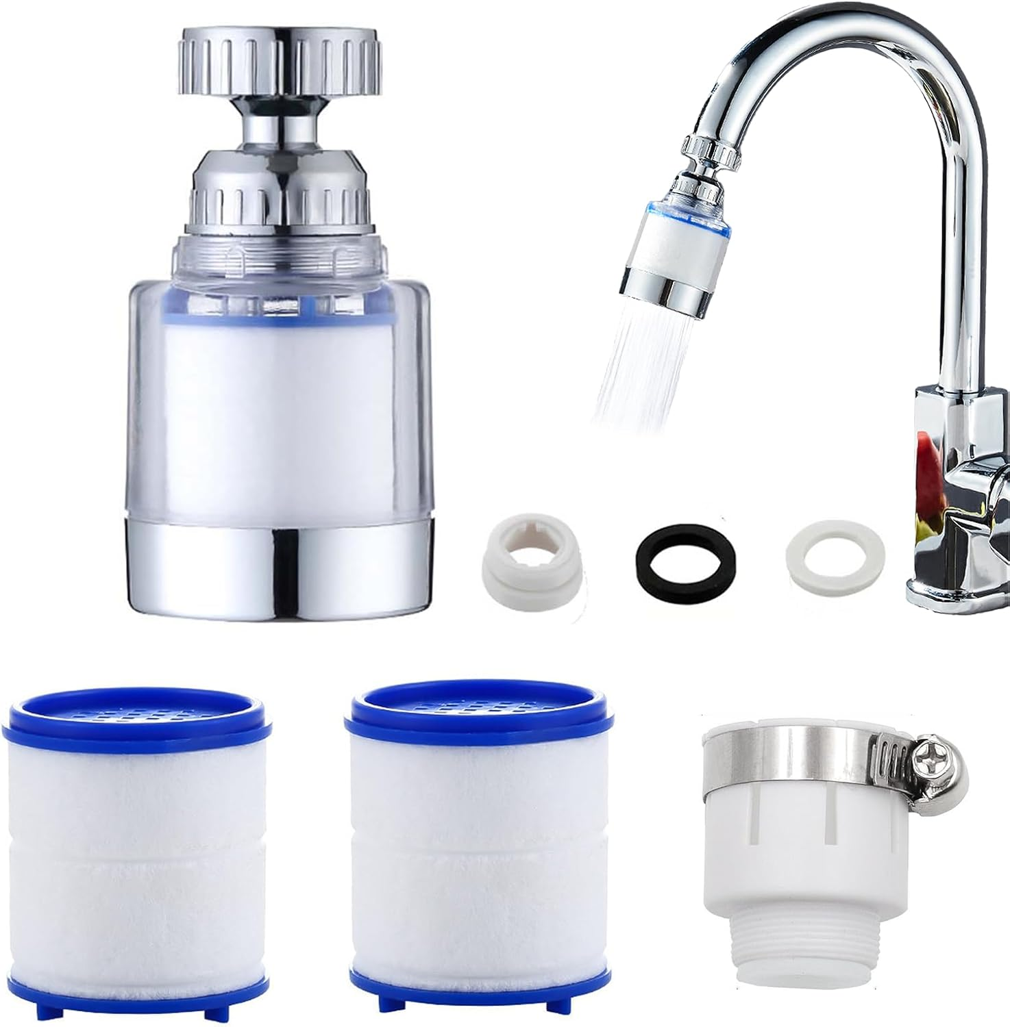 Faucet Water Filter 360&deg; Rotating Sink Water Filter, Kitchen Sink Filtration,Bathroom Faucet Filter,Removes Chlorine Fluoride Heavy Metals for Home, Bathroom, with Universal Adapter + 2 Cartridges