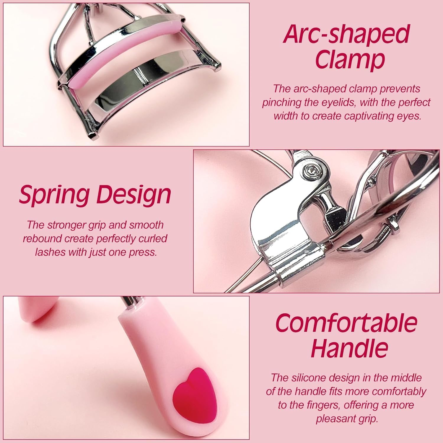 Pink Stainless Steel Eyelash Curler for Lasting Styling, with 4 Silicone Refill Pads, Pain-Free, Suitable for All Eye Shapes image number 4