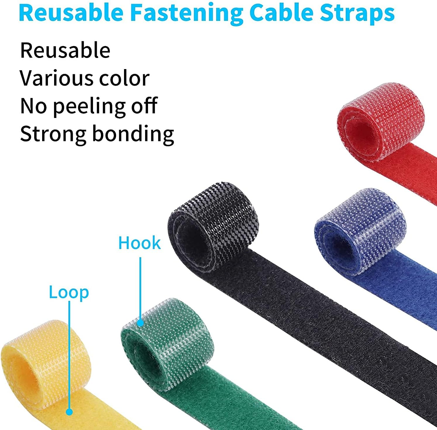Reusable Cable Ties, Aufondof 60 Pack 6 Color 7.9 Inch Fastening Cable Straps Adjustable Multi-Purpose Hook and Loop Cord Ties, Cable Management Wire Organizer for PC Computer Electronics image number 2