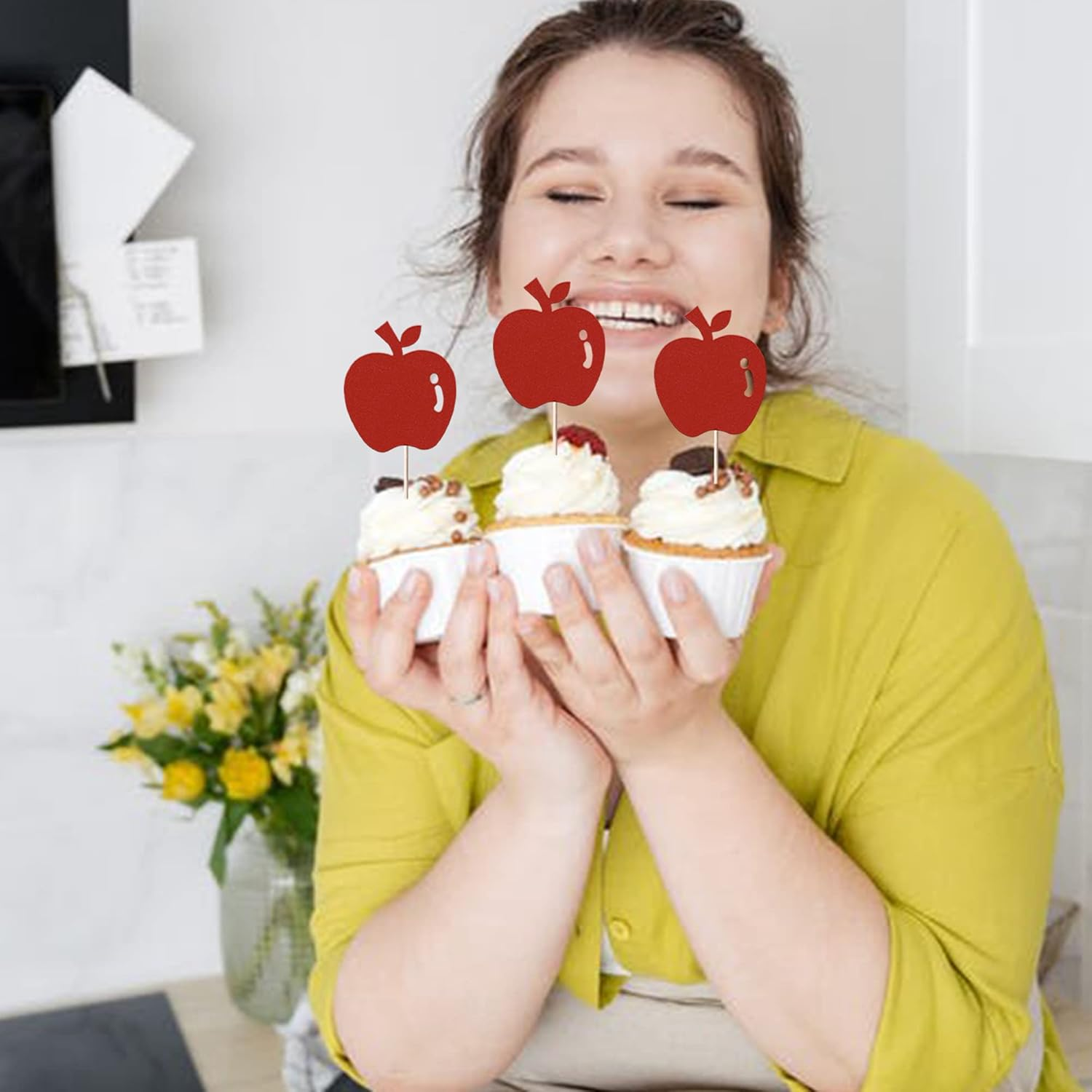 Rsstarxi 24 Pack Glitter Apple Cupcake Toppers Christmas Apple Cupcake Picks for Fruit Theme Baby Shower Kids Birthday Christmas Eve Party Cake Decorations Supplies image number 3