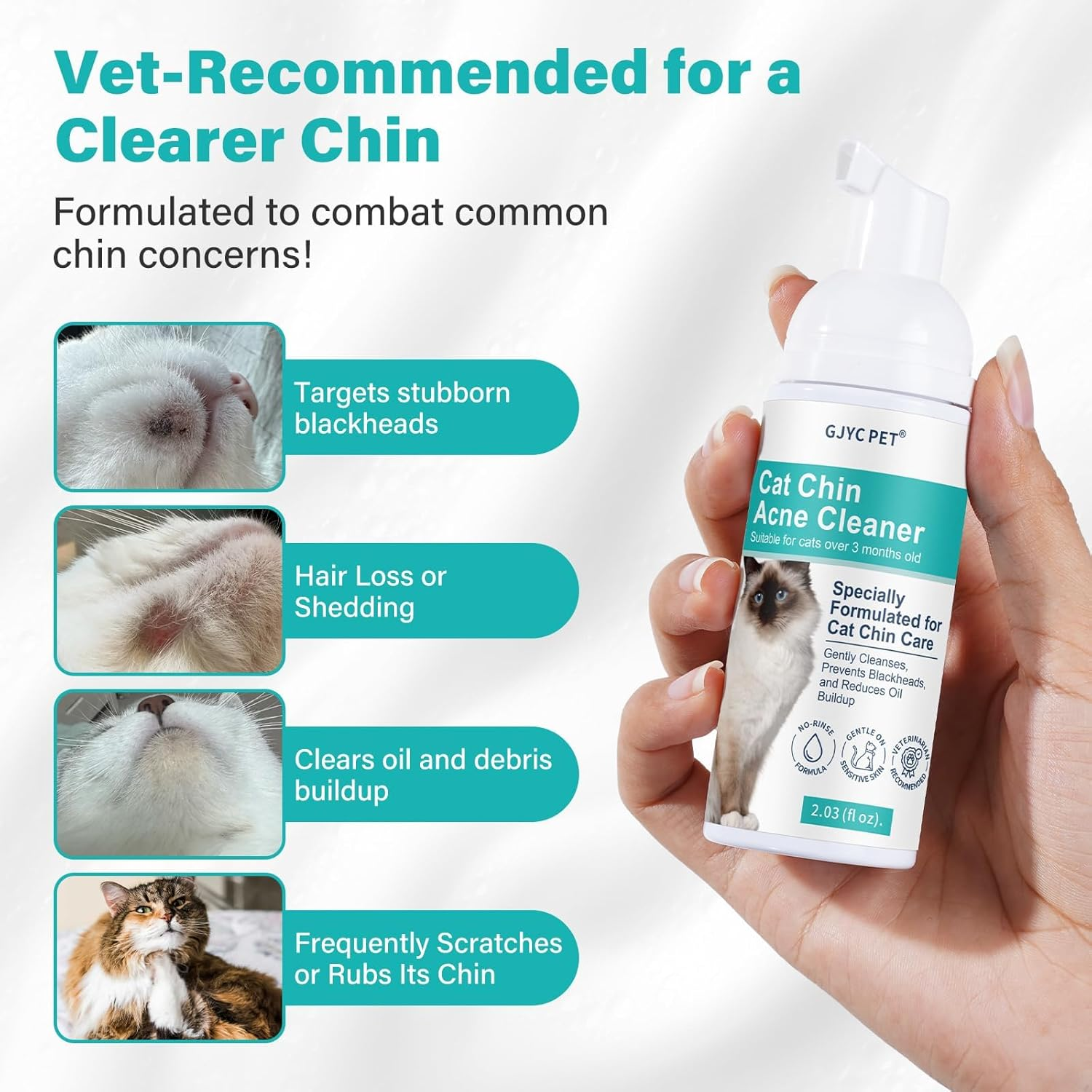 Cat Chin Acne Cleaner - No-Rinsing Blackhead & Pimple Solution with Applicator Brush, Mild Formula for Feline, Safe for Sensitive Skin (2 Fl. Oz)