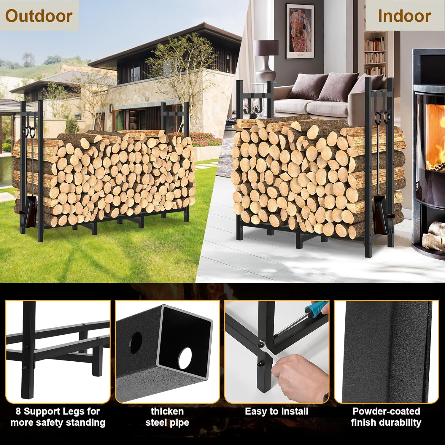 4FT Outdoor Firewood Rack, Wood Storage with 600D Waterproof Oxford Cover Heavy Duty 8 Legs Firewood Log Holder Indoor with Log Carrier, Gloves, and Kindling Hooks for Fireplace Patio Deck Wood Rack image number 3