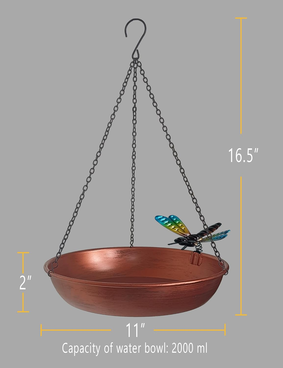 Hanging Birdbath Bird Feeder for Outdoor 11&rdquo; Antique Copper Cute Small Metal Bird Bath Bowl with Detachable Black Chain Metal Dragonfly for Garden Backyard Decor image number 1