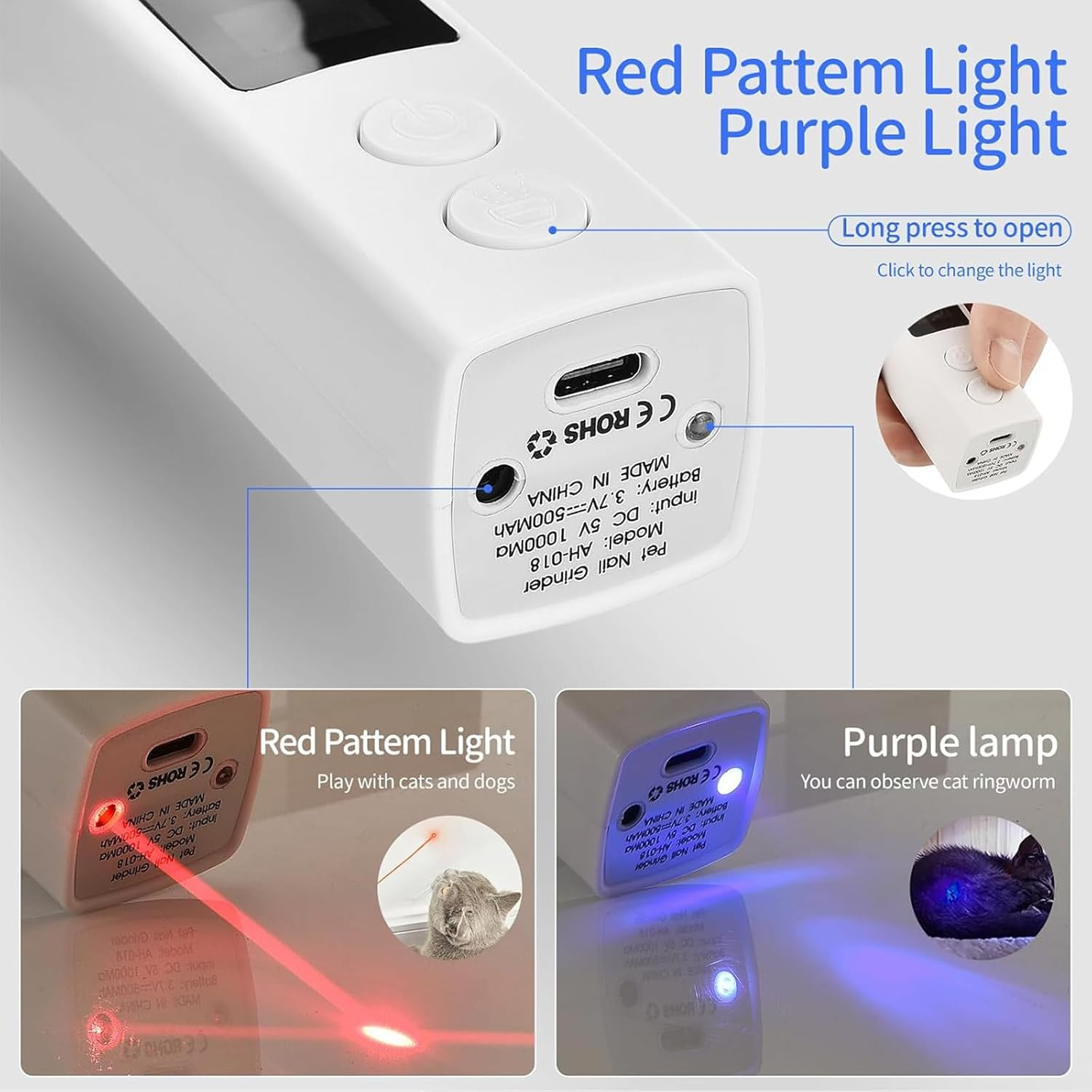 Dog Nail Grinder, 4-Speed Professional Dog Nail Trimmer W/Led Light, Battery Level & Gear Display, 4 Grinding Ports, Tail Red & Purple Light Design, Pet Nail Grinder for Dogs Cats image number 1