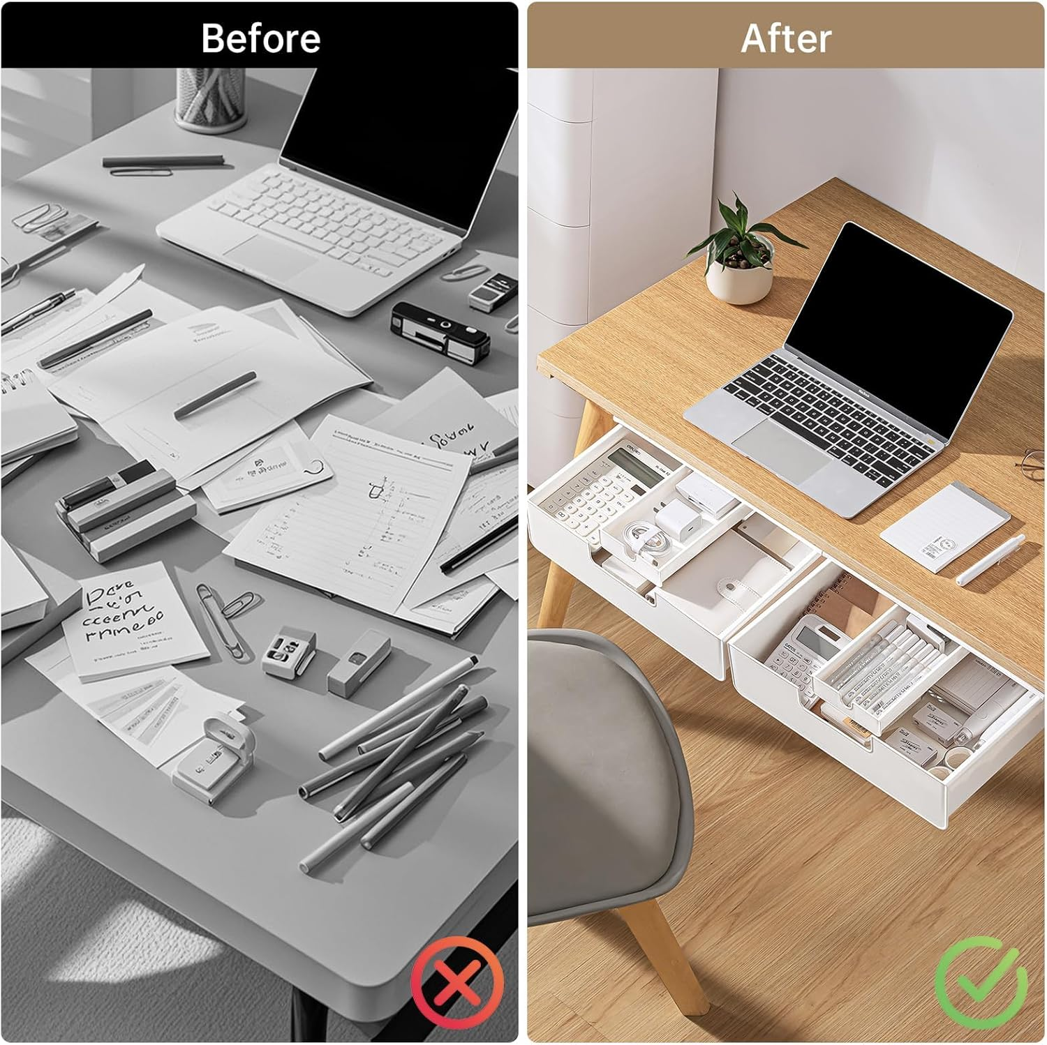 Under Desk Storage Drawer, White, Slide Out Design, 2 Installation Methods, for Office and Home image number 1