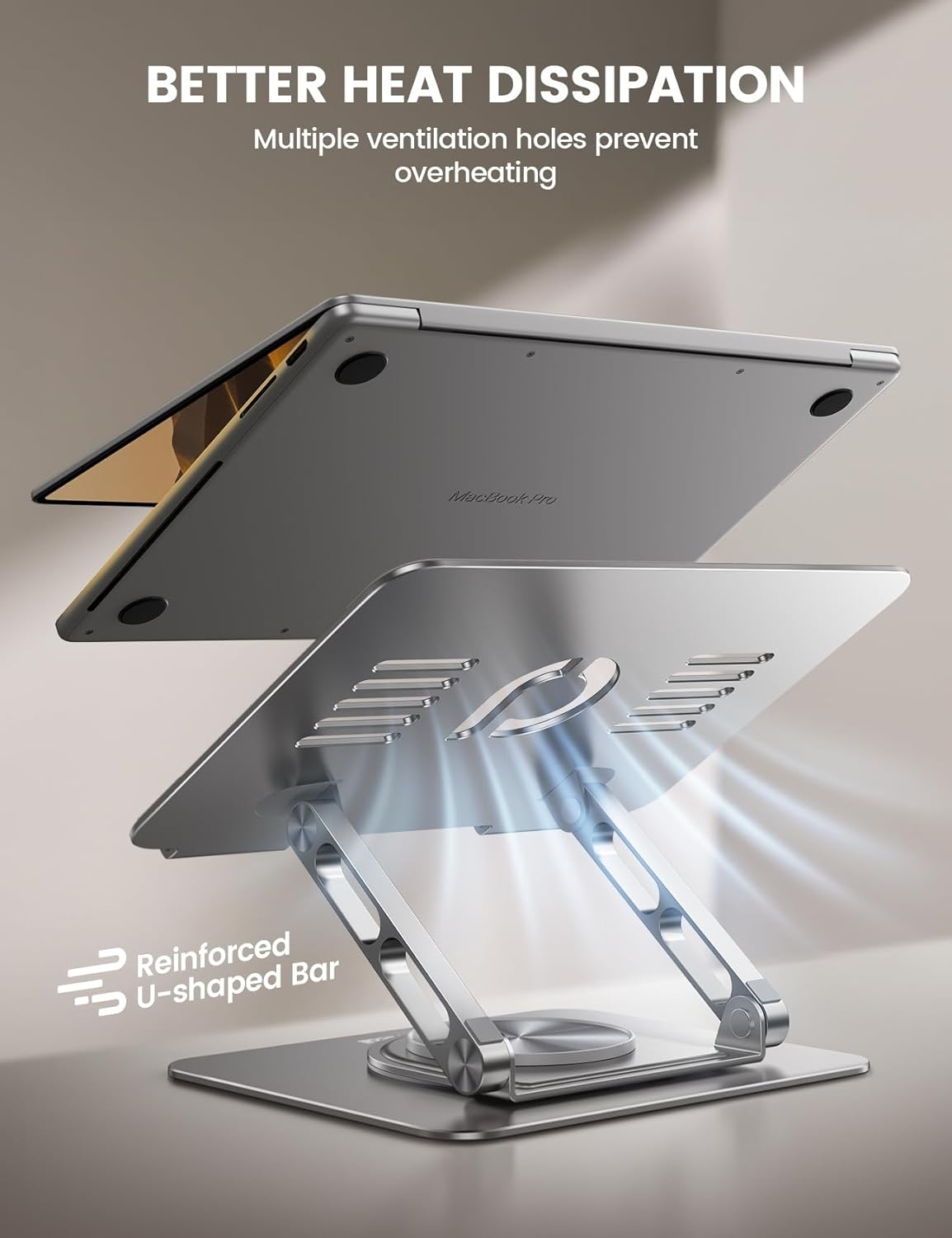 Lamicall Adjustable Laptop Stand for Desk with 360 Rotating Base, Ergonomic Computer Stand, Aluminum Laptop Riser Foldable Protable for Office Home Fits Macbook Air Pro, Dell, HP (10-17.3'') - Silver - Black image number 7