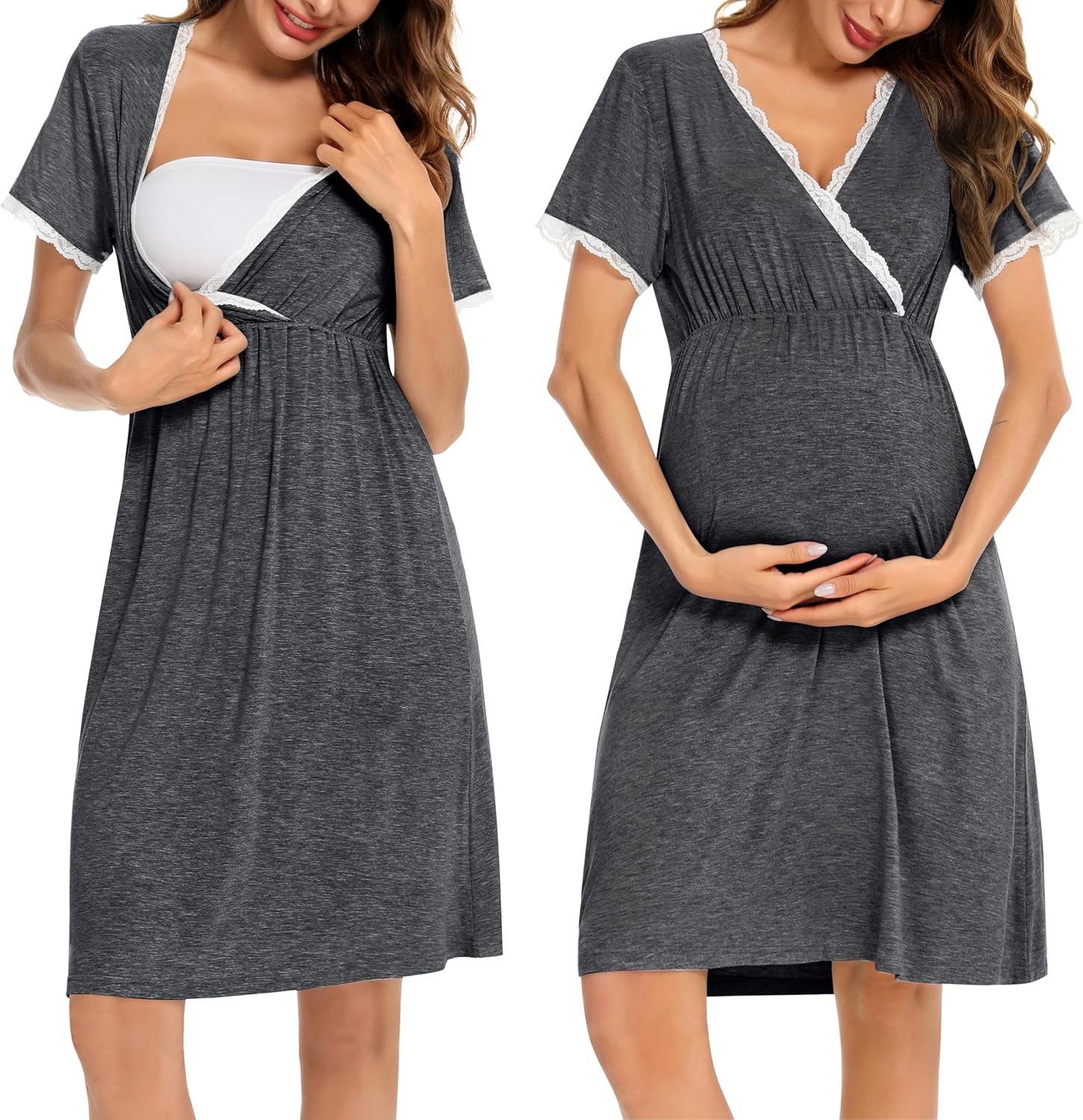 SWOMOG Women 3 in 1 Delivery/Labor/Nursing Nightgown Short Sleeve Pleated Maternity Sleepwear for Breastfeeding