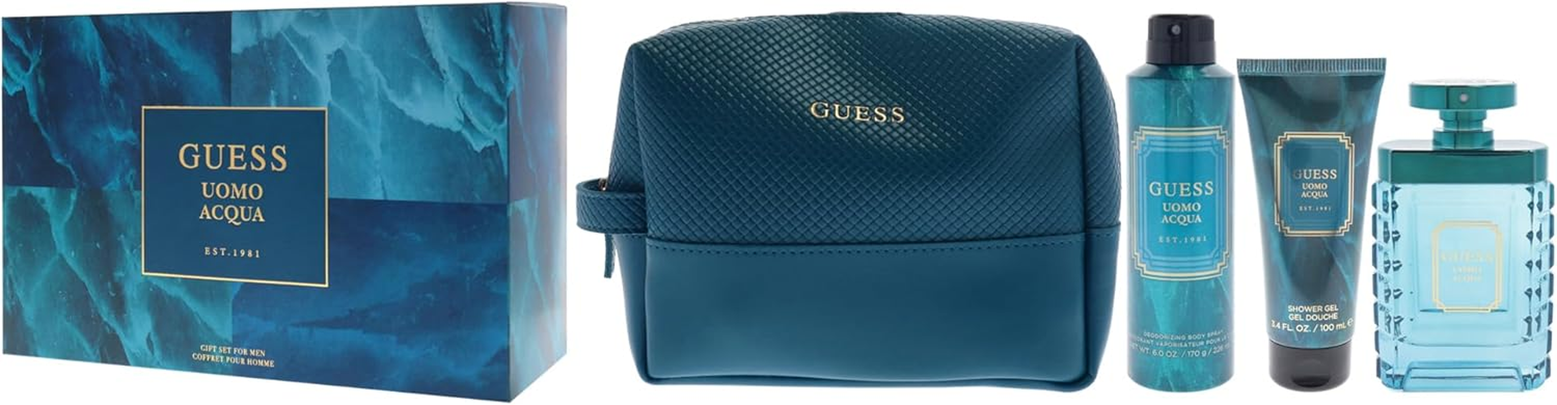 Guess Uomo Acqua by Guess for Men - 4 Pc Gift Set 3.4Oz EDT Spray, 6Oz Deodorizing Body Spray, 3.4Oz Shower Gel, Pouch image number 2
