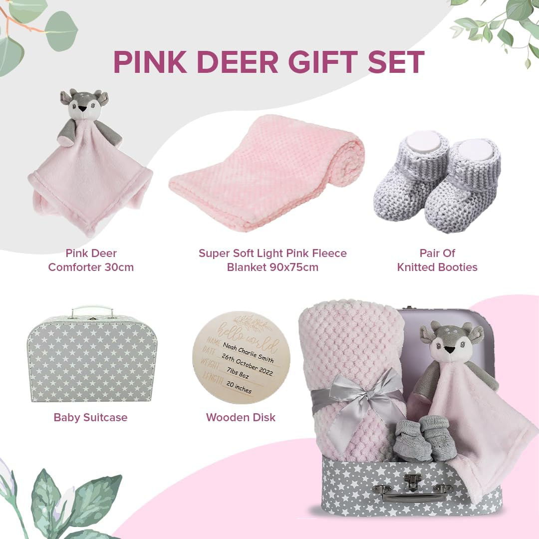 Hoolaroo Baby Blanket New Baby Girl Gifts Newborn Box Fleece Blanket, Pink Deer Fawn Comforter, Knit Booties, Hamper Suitcase Pink Gifts Present Girls - Blue Elephant image number 5