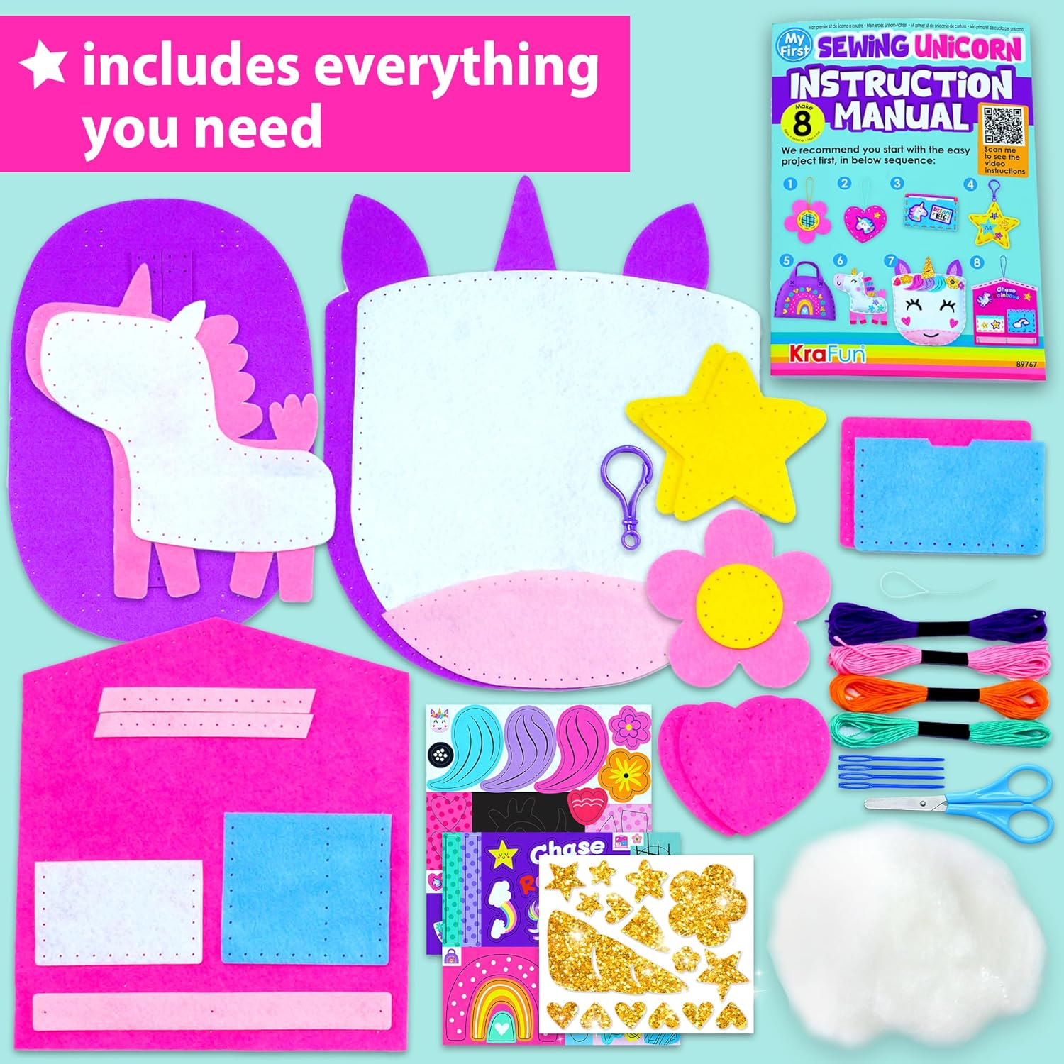 KRAFUN My First Unicorn Kids Sewing Kit, Beginner Arts & Crafts, Make 5 Cute Projects with Plush Stuffed Animal, Pillow, Mobile, Keyring and Bag, Instructions & Felt for Learn Sewing, Embroidery image number 4