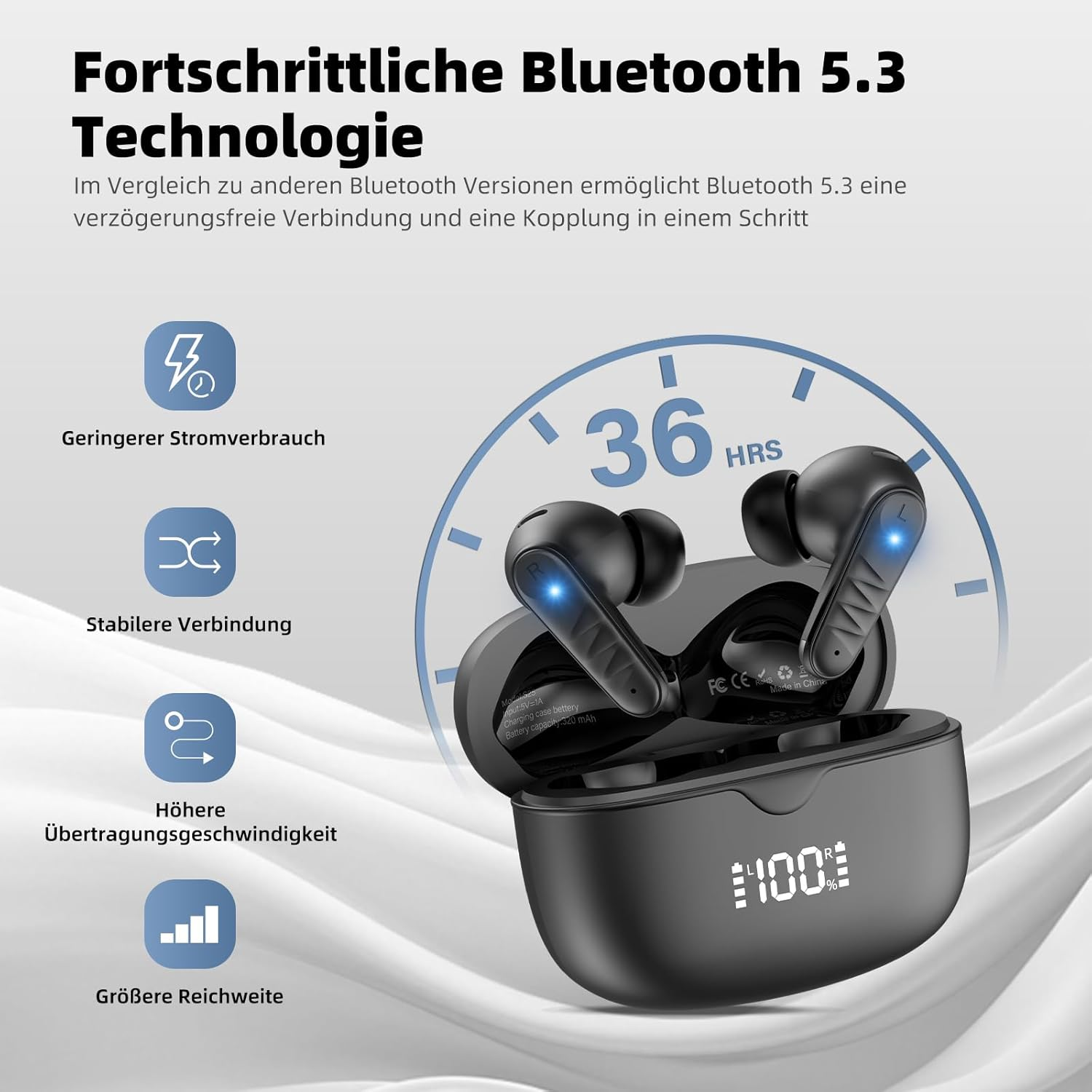 Bluetooth Headphones, 2025 In-Ear Headphones Wireless Bluetooth 5.3 with 4 Microphones, ENC Noise Reduction Wireless Headphones, IPX7 Waterproof, 36 Hours Playtime, Hifi Stereo, LED Display, USB-C image number 6