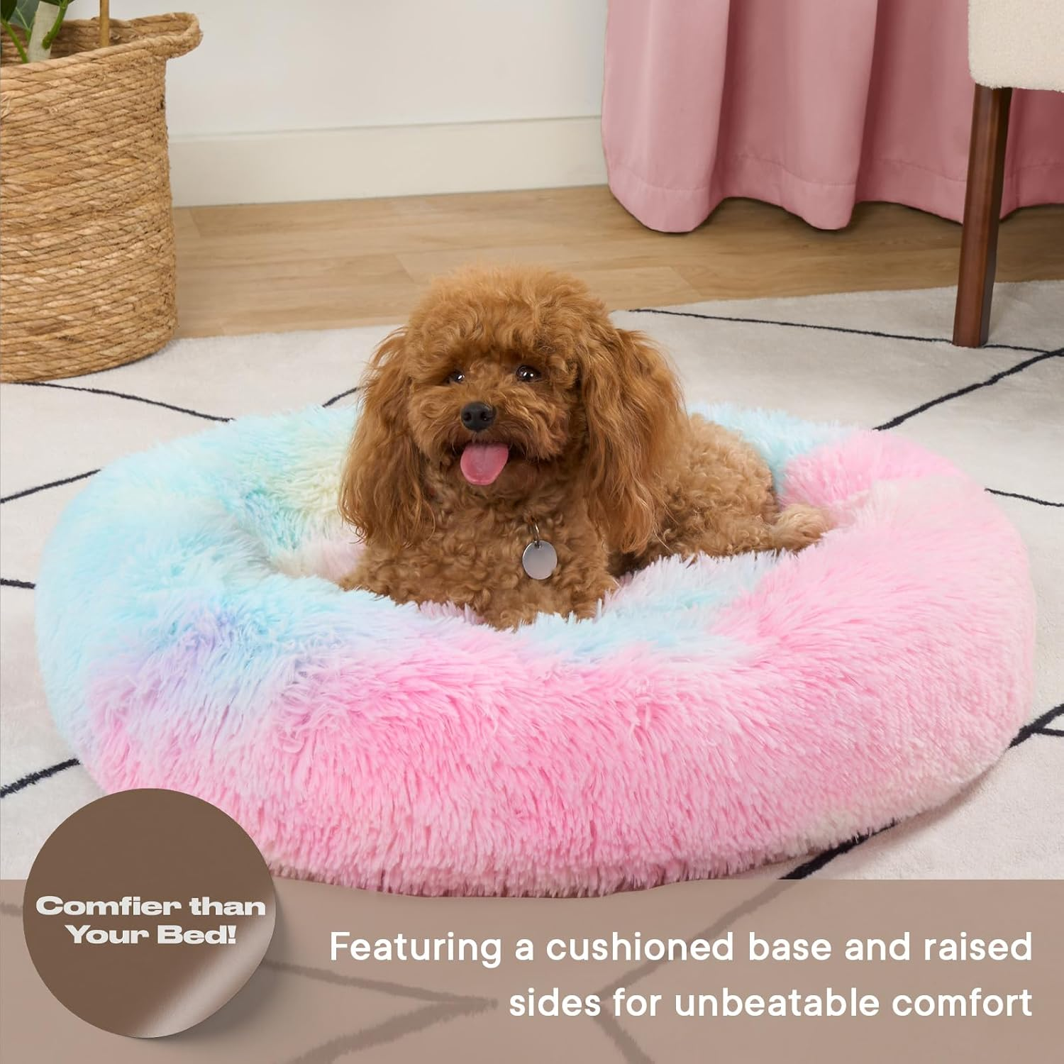 OHS Large Pink Dog Bed, Super Soft Fluffy Luxury Puppy Bed Pink Cat Bed for Dogs Pets Warm Circle Donut Dog Beds for Home Living Room Kitchen, Tie-Dye