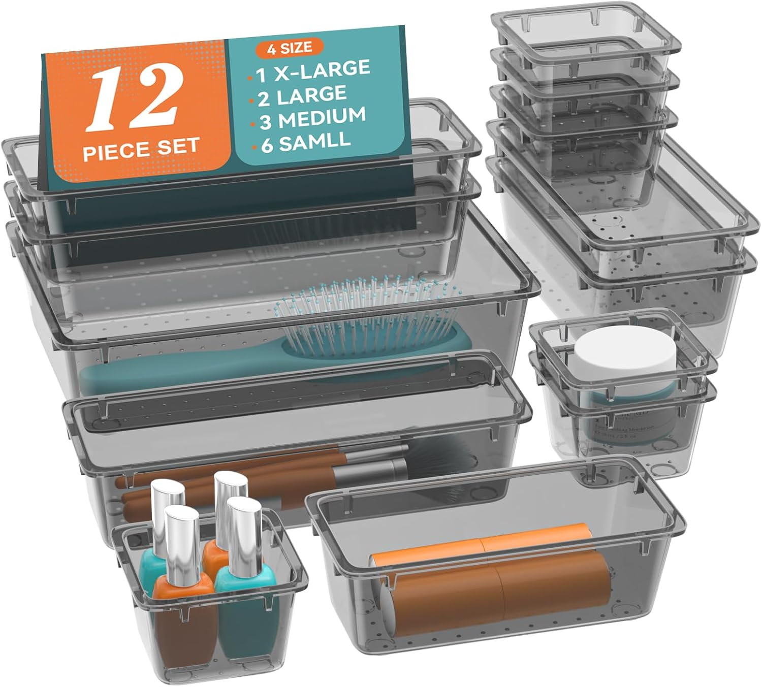 Elegantarray 12 PCS Drawer Organizer Set, 4 Sizes Makeup Vanity Organizer, Clear Plastic Organization and Storage Bins for Makeup, Jewelry, Multiple Gadgets for Kitchen, Bathroom, Office, Bedroom