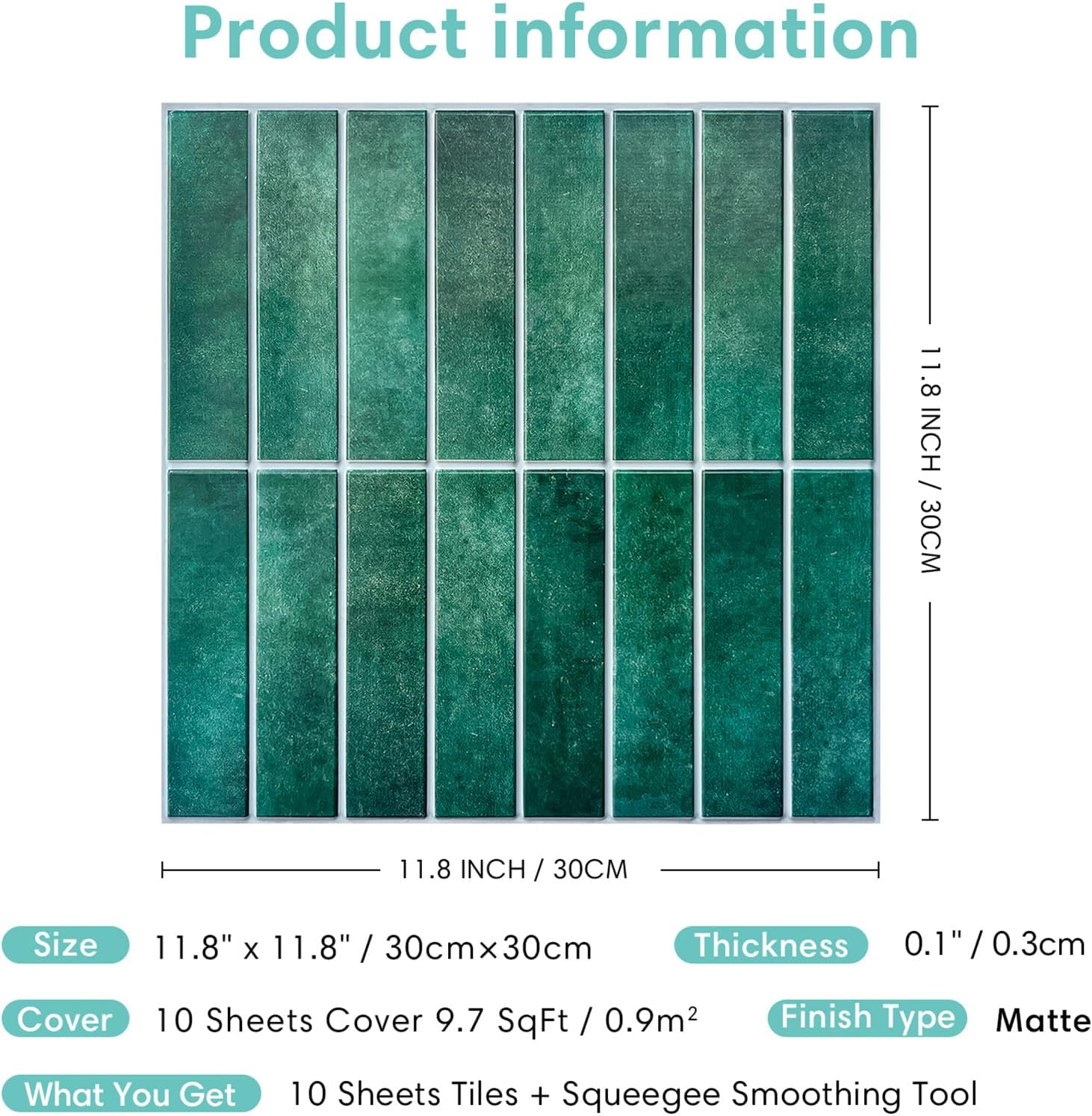 Commomy 10 Pcs 3D Green Peel and Stick Backsplash Tile, 11.8"X11.8" Matte Ultra-Light Thin PVC Self Adhesive Wall Panels Stick on Tile Stickers for Kitchen, Bathroom, Renters, Interior Wall Decor