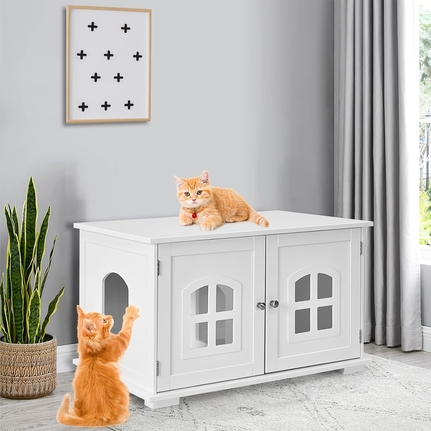 Costway Cat Litter Box Enclosure Furniture Hidden, Wooden Washroom Storage Cabinet Bench W/Cross Windows, Doors&Arched Doorway, Indoor Cat House, Pet House Cover, Side Table for Living Room, Bedroom image number 6