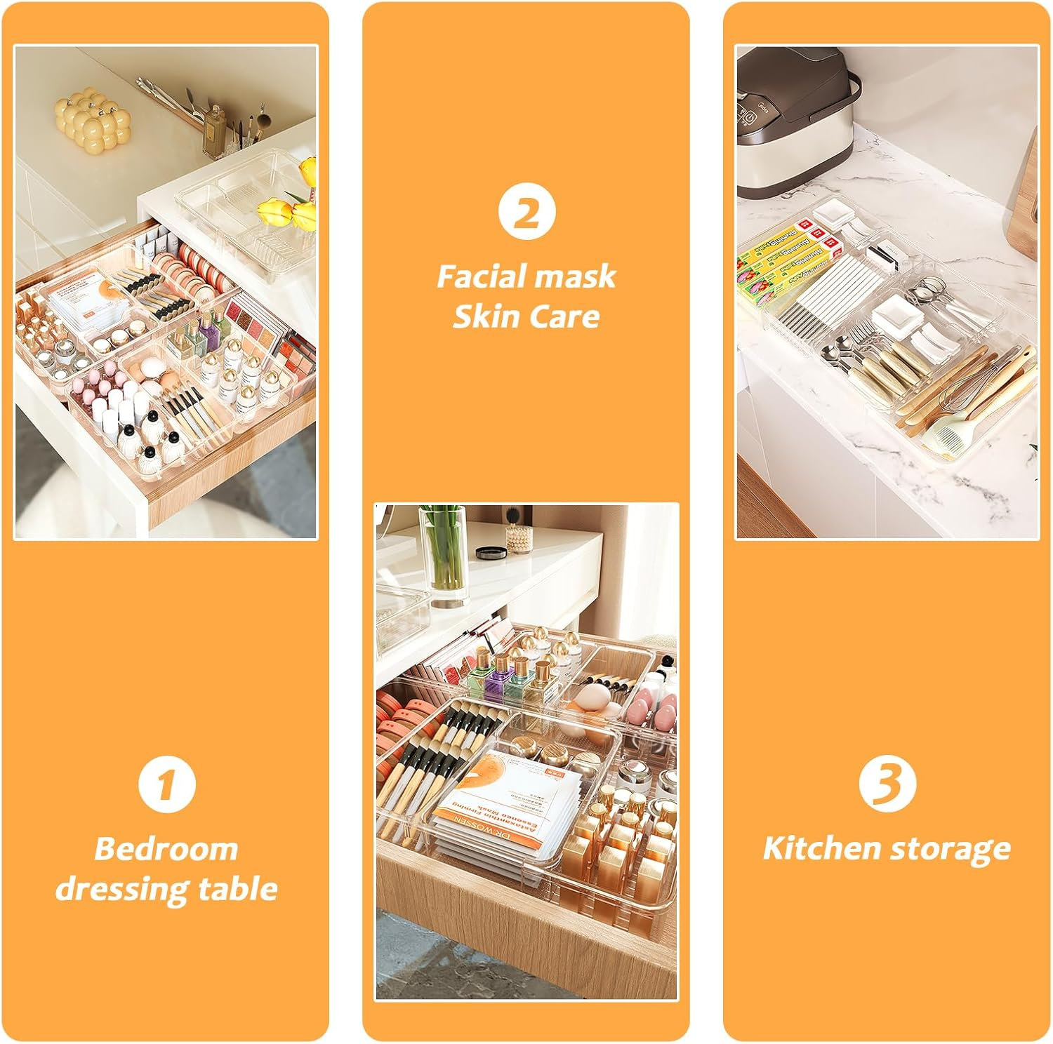 Ruaizel Cutlery Drawer Organiser, Expandable Utensil Tray with Adjustable Dividers, Adjustable Silverware and Flatware Holder for Kitchen Spoons Forks Knives, 28-48.5Cm (Transparent) image number 4