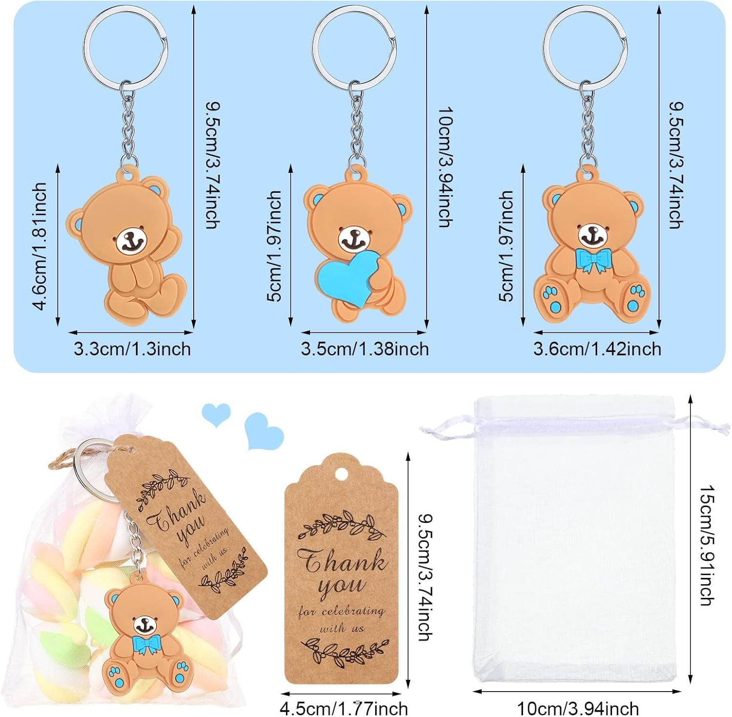 120 Pcs Bear Baby Shower Favors Bear Party Favors, Cute Keychain with Organza Bags Thank You Kraft Tags and Rope for Guests Girls Boys Birthday Party Supplies Decorations (Blue, Cute) image number 5