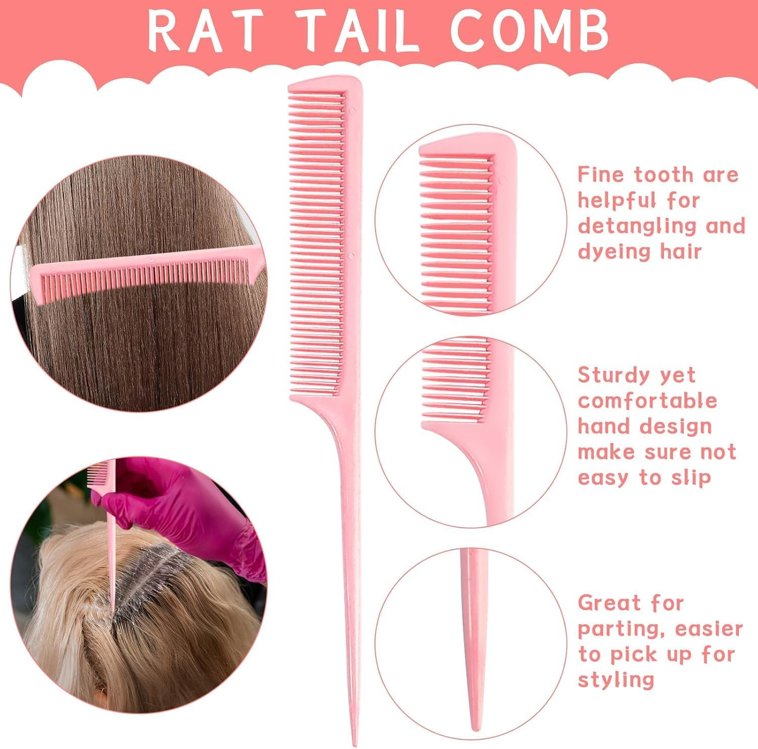 Hair Comb Sets 5Pcs Hairdressing Comb, Professional Barber Salon Hair Styling Combs, Detangling Combs, Rat Tail Comb, Heat Resistant Anti-Static Suitable for Long Wet Thick Curly, Pink image number 4