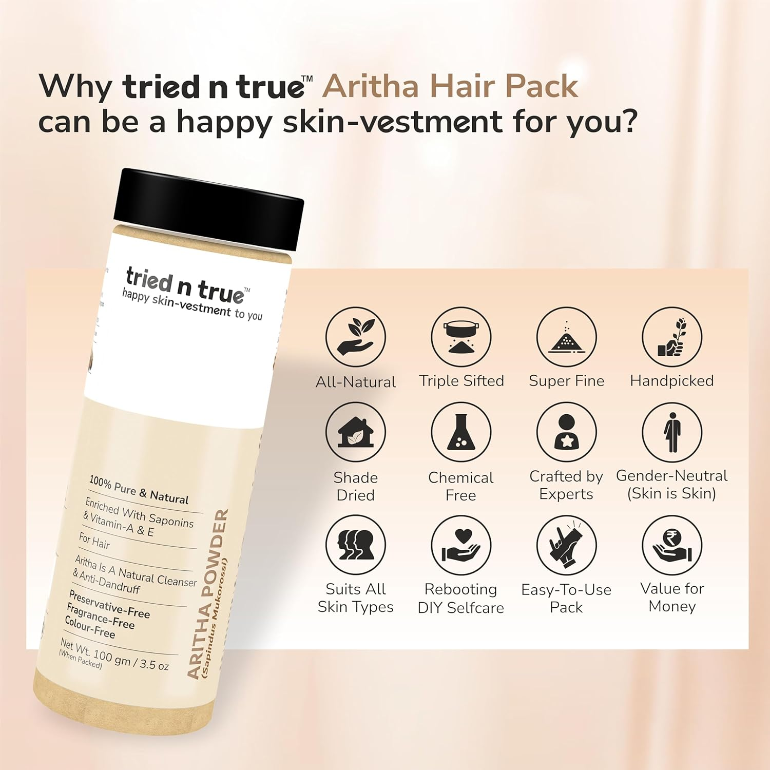 Tried N True Aritha Powder/Reetha Powder for Hair/Soapnut/Pure and Natural Hair Pack for Hair Cleansing/For Men and Women -100G image number 2