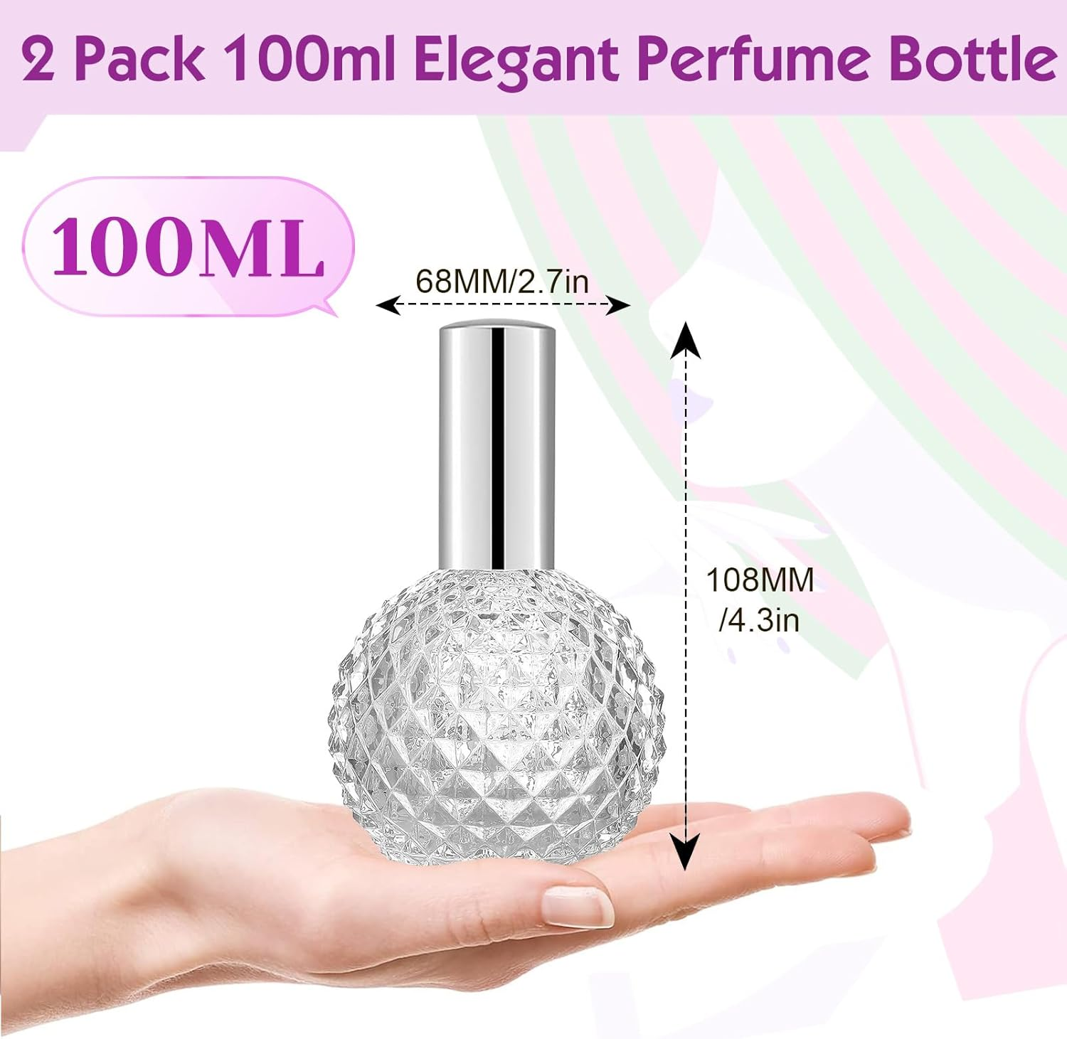Bohoray Pack of 2 Perfume Atomisers, Refillable, 100 Ml, Bump Mapping Perfume Bottle, Empty, Transparent Perfume Bottle with Packaging Tools, Perfume Bottles Refillable for Women or Girls image number 3