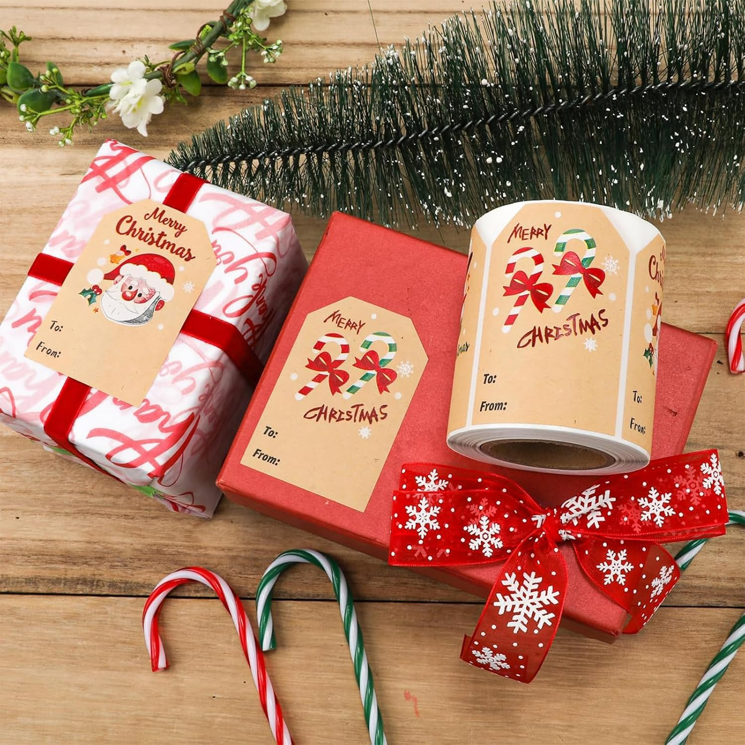 Christmas Tags Self-Adhesive, 250 Merry Name Tags Rolls, 50Mm X 75Mm Kraft Gift Tags for Presents, Labels for Gifts