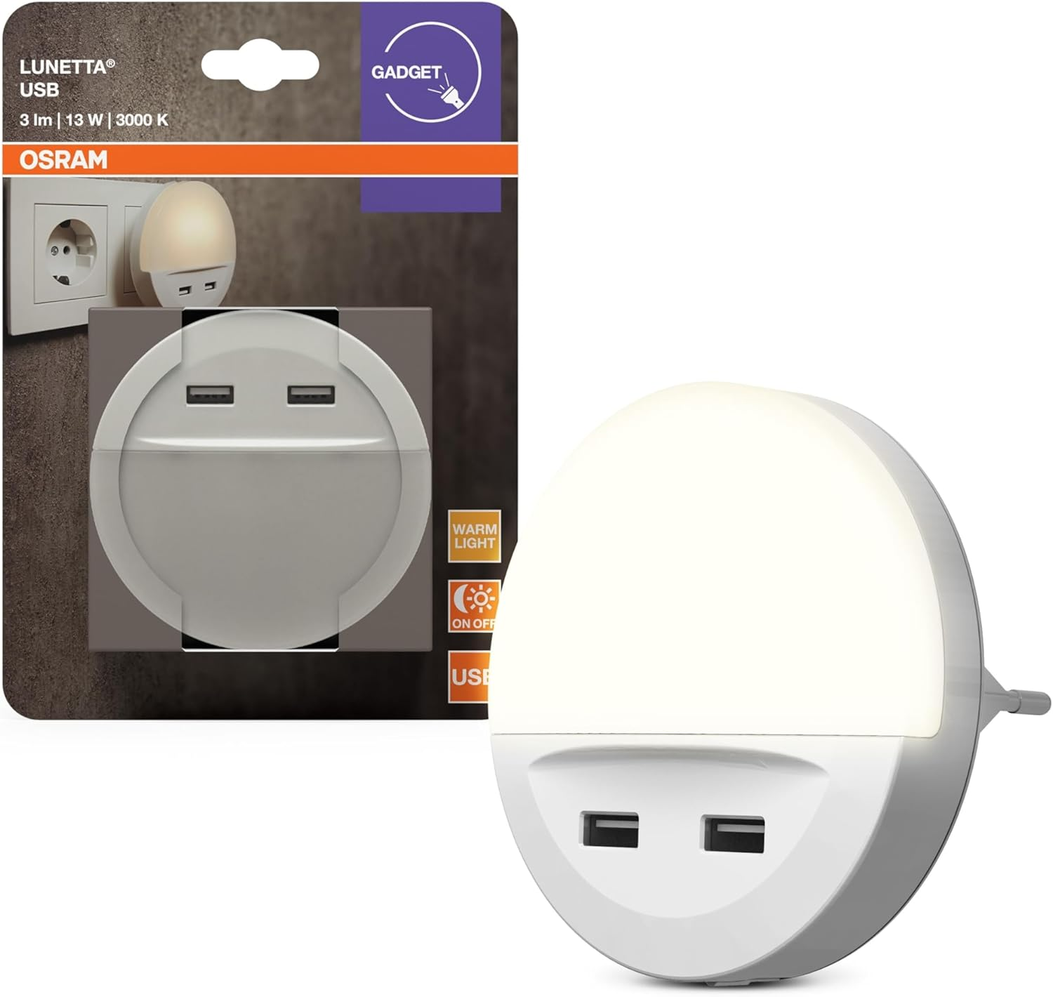 OSRAM Lunetta LED White Night Light with USB Output, Day Night Sensor, Integrated Mobile Phone Tray, Plug-In System, Warm White, IP20 image number 2