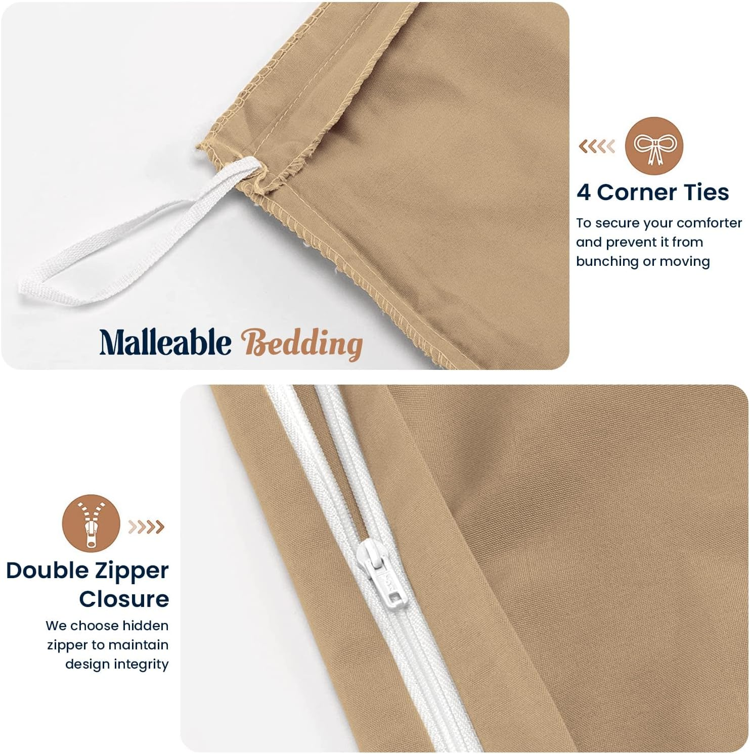 Malleable Bedding Oversized King plus (128X 120) Size Duvet Covers 100% Egyptian Cotton 600 TC Ultra Soft and Breathable 3 Piece Set Taupe Color Quilt Cover with Zipper Closure & Four Corner Ties image number 4