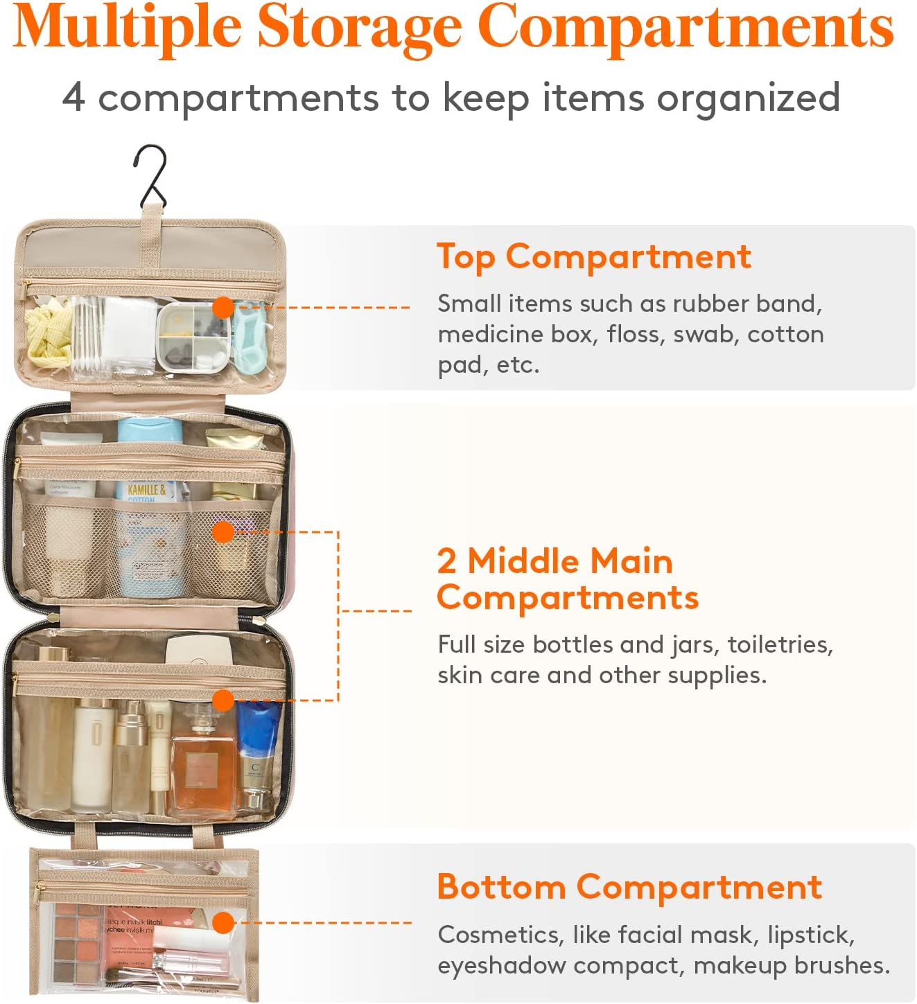 Lifewit Travel Toiletry Bag, Large Hanging Makeup Bag Organiser for Women, Transparent Travel Cosmetic Bag with Hanging Hook for Full Size Bottles, Vacation Essentials, Medium, Pink image number 6