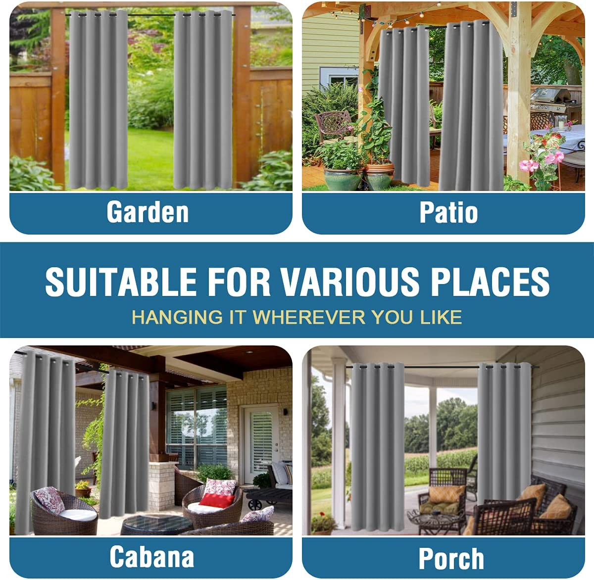 SMARCUTE Indoor Outdoor Curtains for Patio Waterproof Stainless Steel Silver Grommet Thermal Insulated Blackout Outdoor Drapes for Deck/Gazebo, Dove, 1 Panel, W132Cm X D213Cm image number 5