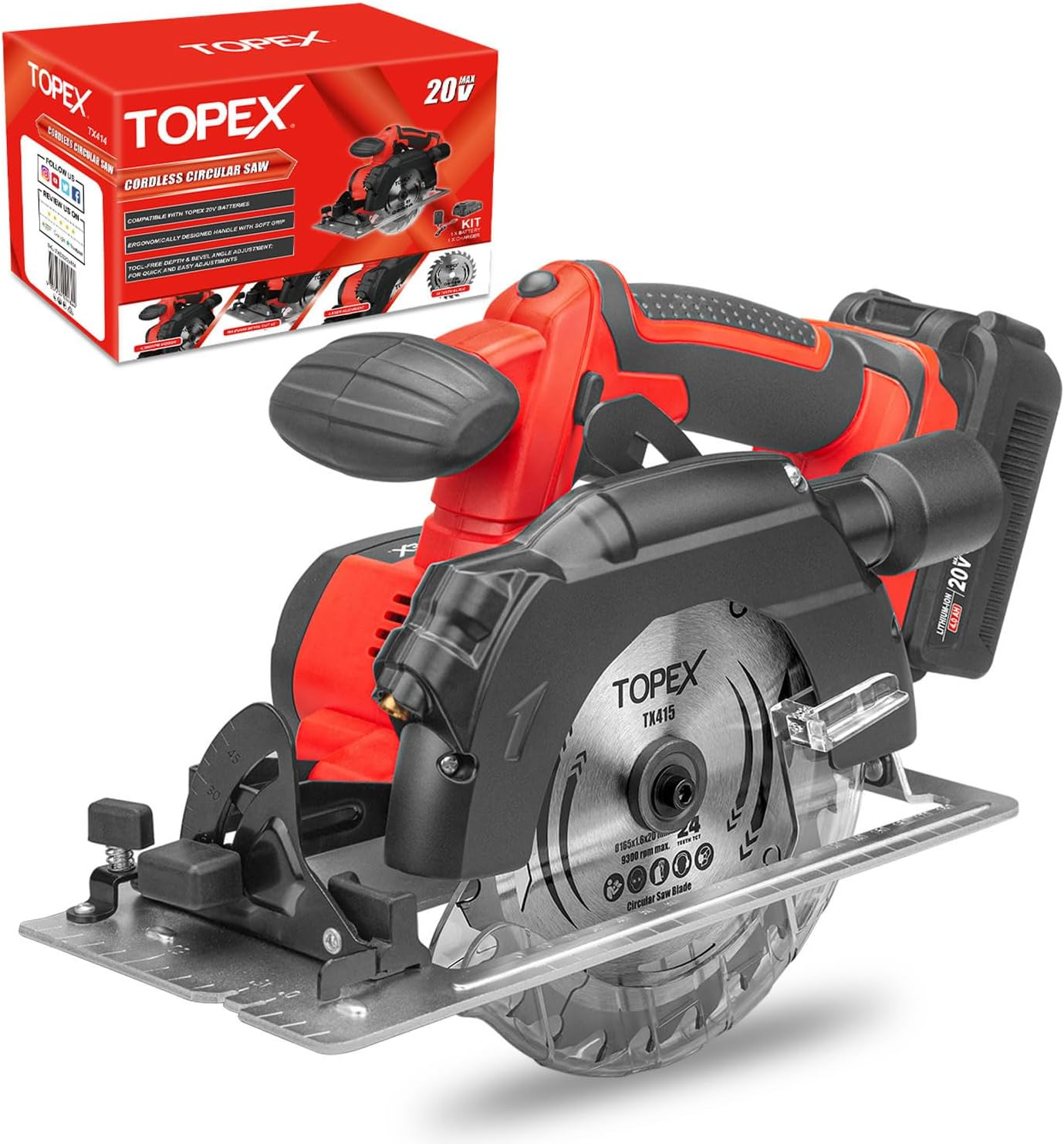 TOPEX 20V Circular Saw 165Mm Cutting Machine Professional Compact Lightweight 4,300RPM, 0&deg;- 45&deg; Bevel Cutting for Home Office Industry with 4.0Ah Battery & Charger image number 6