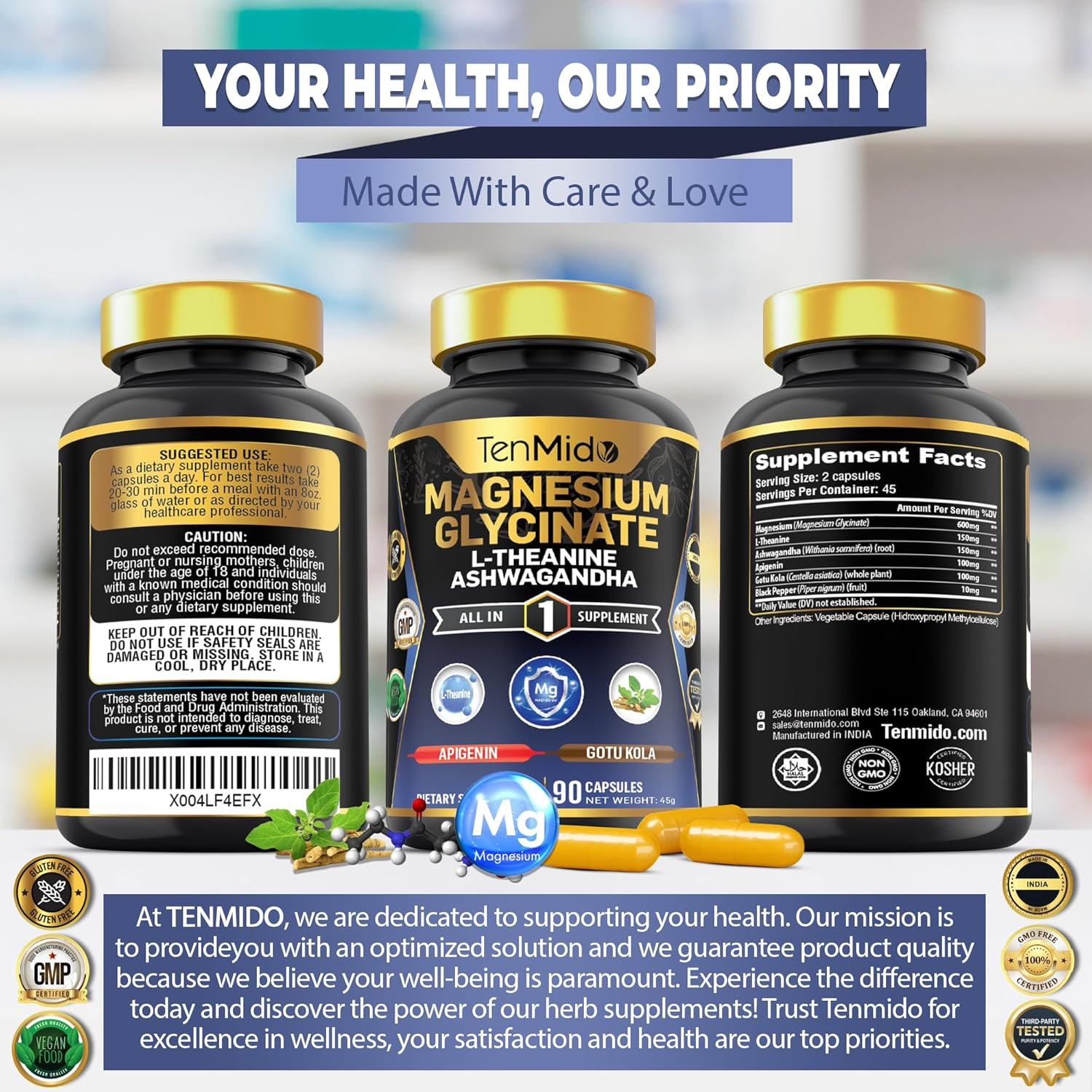 Tenmido Magnesium Glycinate Supplement - 6In1 with Ashwagandha, L-Theanine, Apigenin, Gotu Kola, and Black Pepper - 90 Vegan & Non-Gmo Capsules image number 4