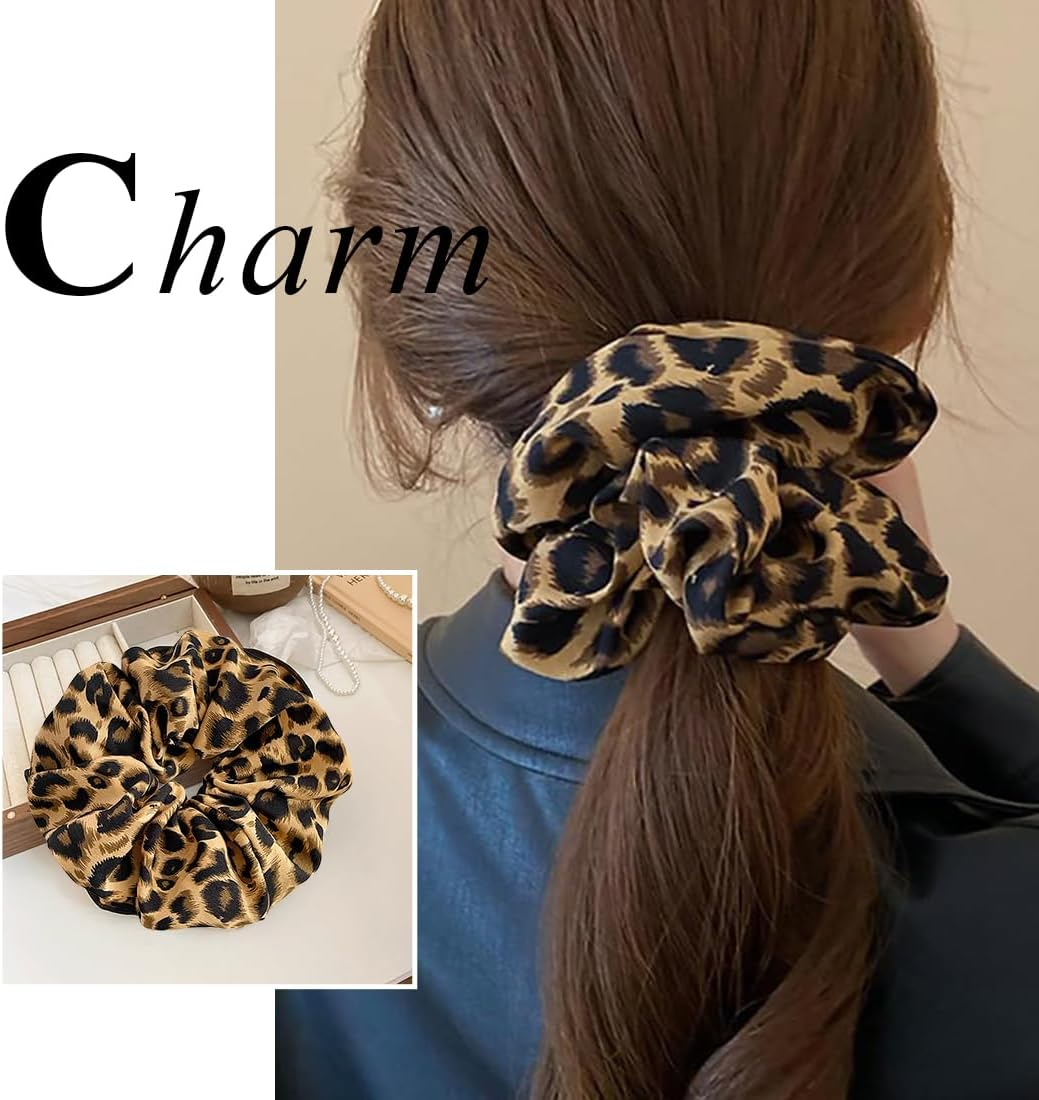 JYNVO Pack of 2 Hair Ties for Women, Leopard Print, Satin Elastic Thick Bands, Ponytail Holder, Women Hair Accessories, Hair Bobbles, Extra Large Scrunchie, Dark & Light Leopard Print image number 2