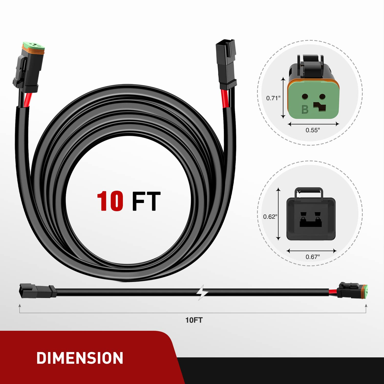 Nilight 2PCS 16AWG 10 Feet Wiring Harness Extension Kit, Extended Plug and Play 2-Pin Socket DT Connector Wire Cord for Offroad LED Light Bar Work Light Led Pod Driving Fog Boat Light image number 6