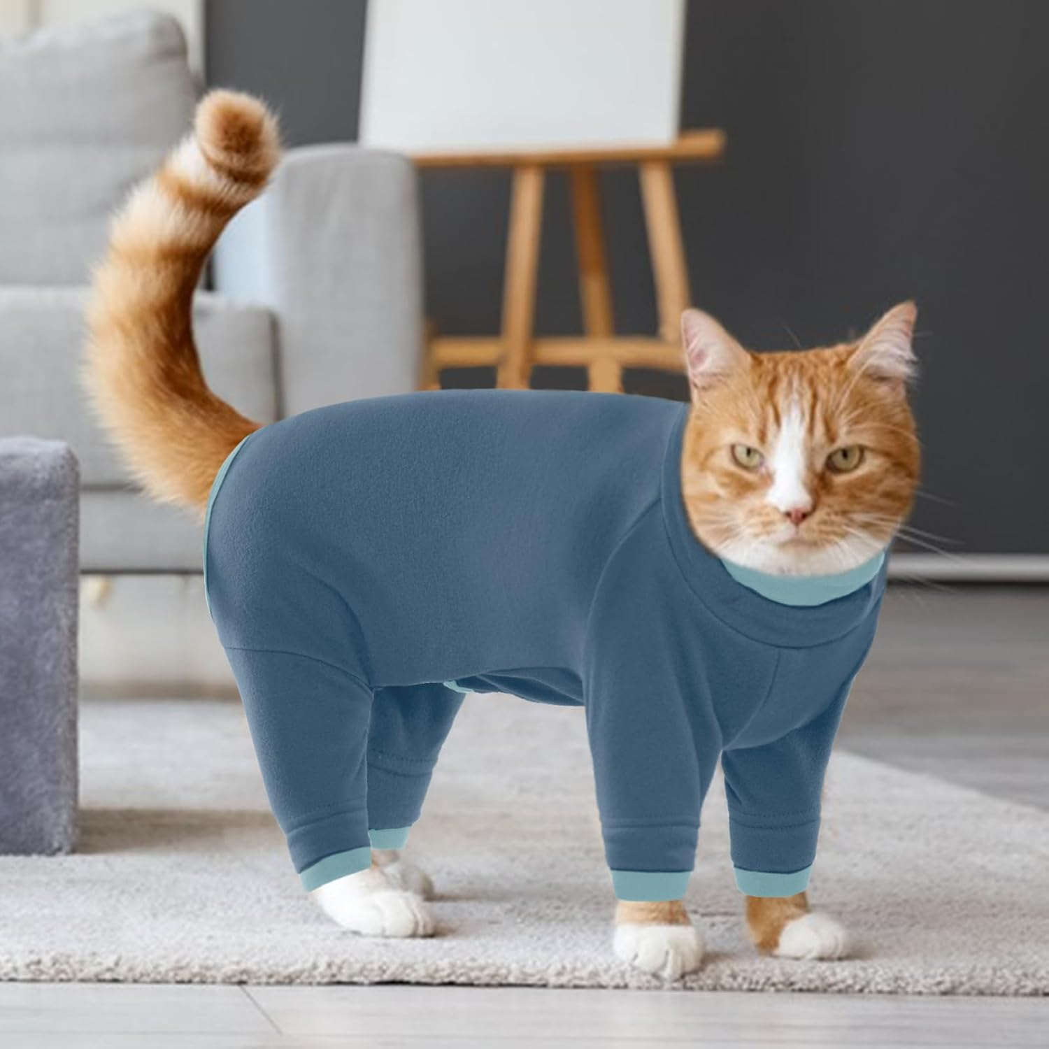 Cat Clothing, Cat Bodysuit after Surgery Post-Operative Clothing for Cats, Body Operation Recovery, Anti-Leaking, Long Sleeve, 4 Legs, Onesie, Cat Clothing, Shirts, 4-Legged (Blue-Grey, L) image number 4