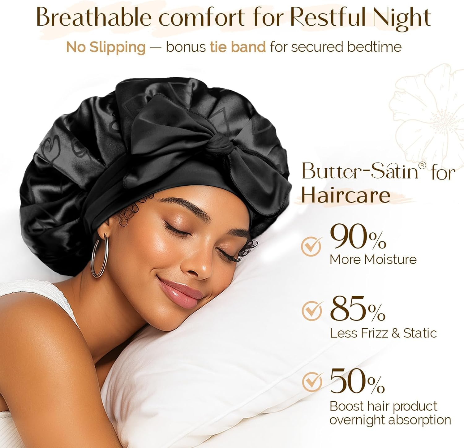 YANIBEST Silk Bonnet Satin Bonnet for Sleeping Women，Double Layer with Tie Band，Curly Hair Night Cap image number 5