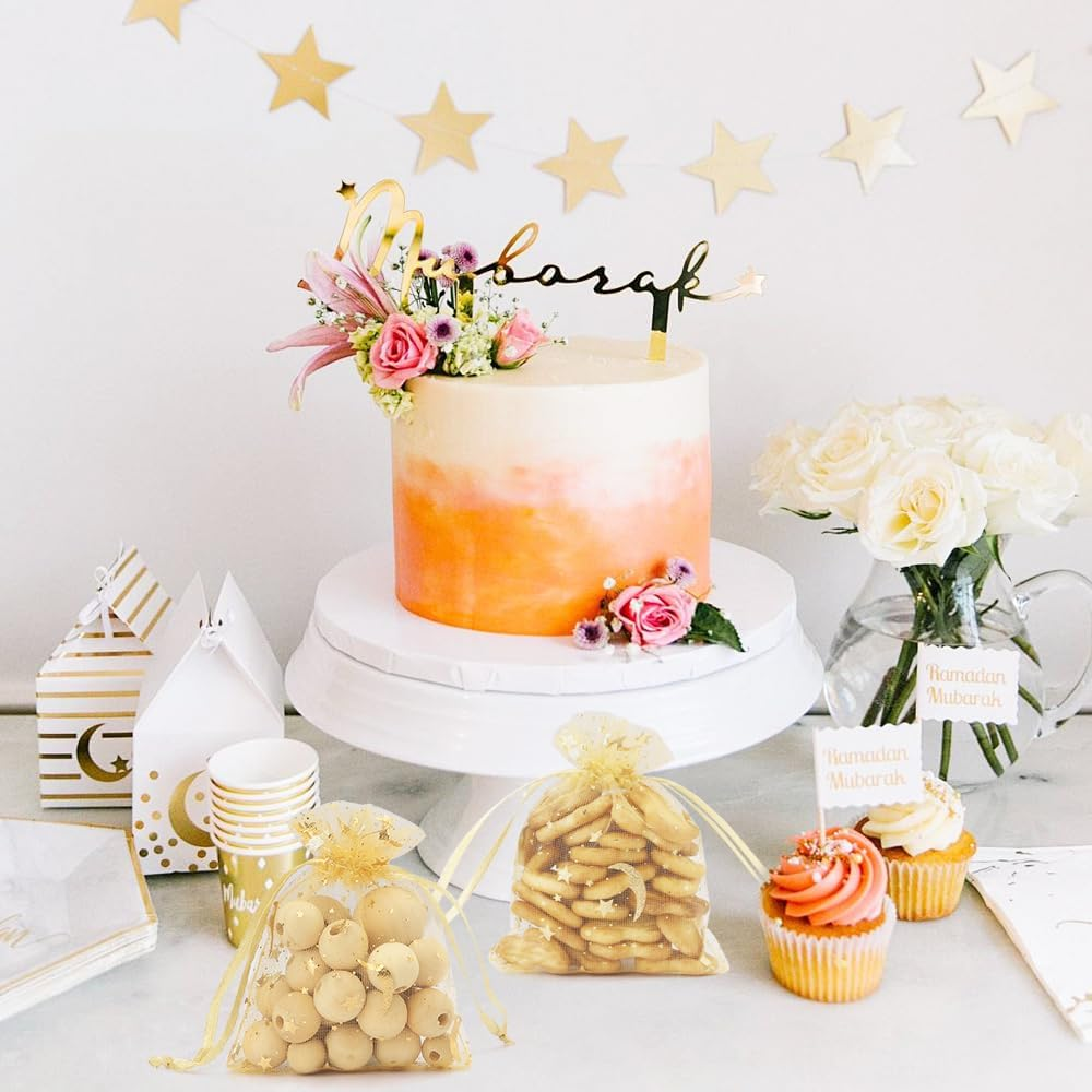 Stars and Moon Drawstring Organza Bags,50Pcs Golden Organza Gift Bags,Sheer Mesh Pouches for Jewelry Candy Presents Wedding Party Festival Favour Makeup Birthday Halloween Christmas Wrapping Supplie - Golden image number 5