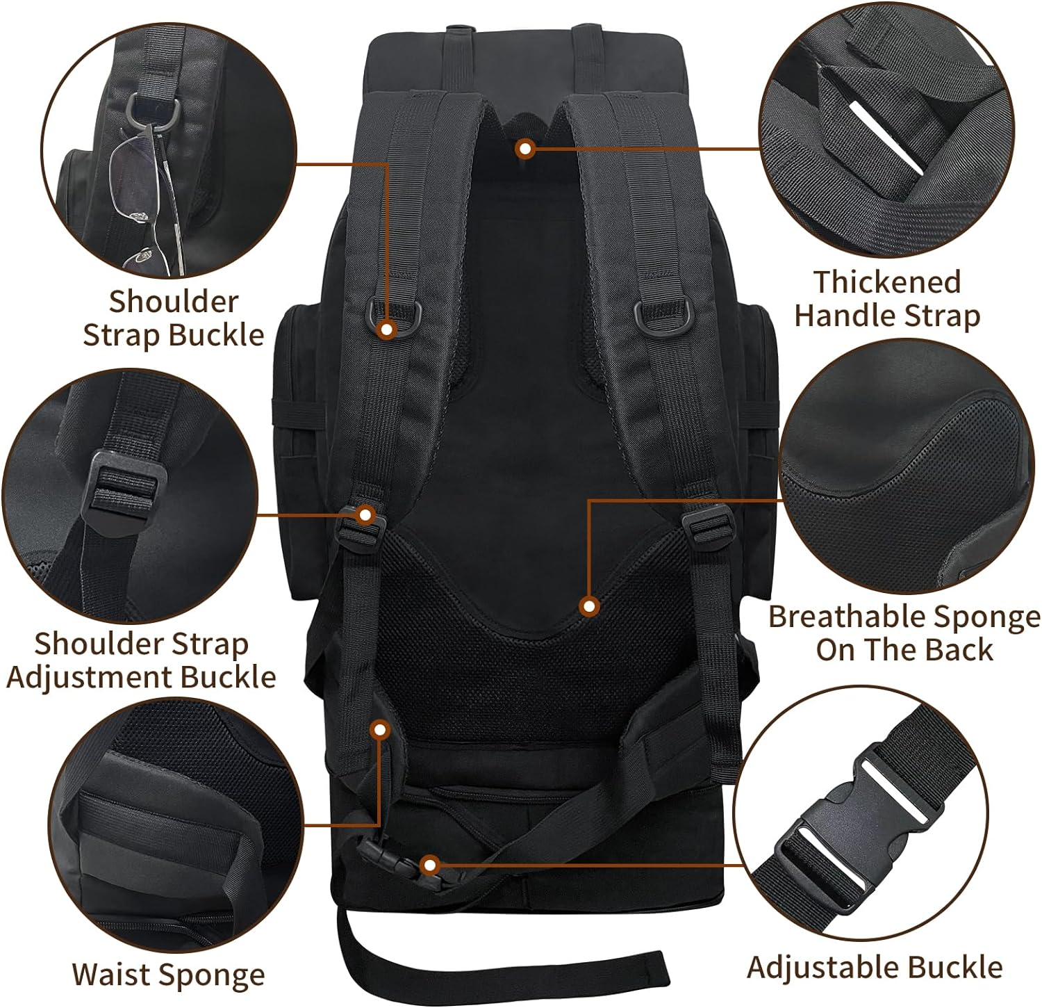 Vaupan Hiking Backpack, 100L Large Camping Backpack, Expandable Waterproof Molle Rucksack, Outdoor Sport Travel Daypack Military Tactical Backpack for Men Women (Black) image number 6