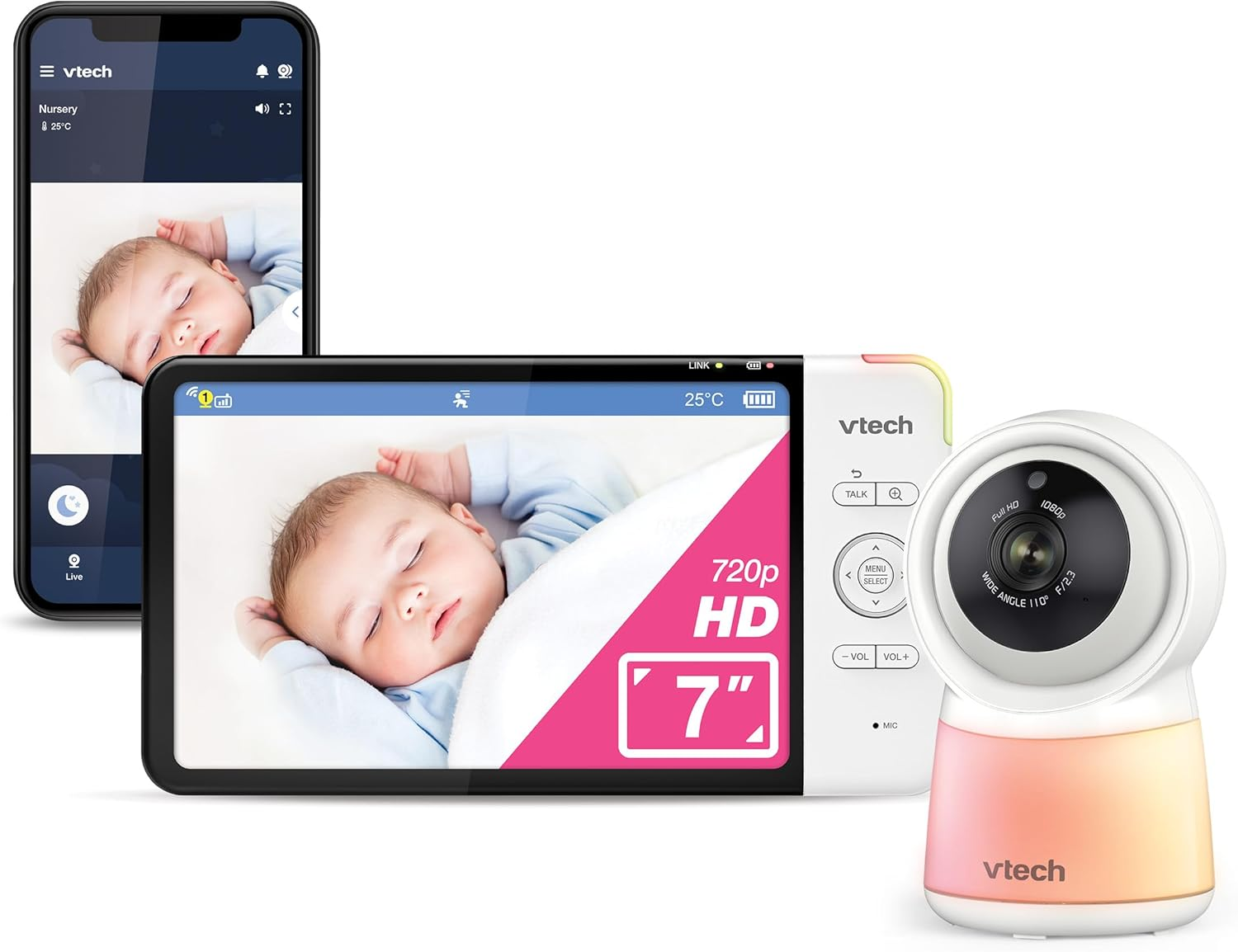 Vtech RM7754HDV2 7&rdquo; Smart HD Video Baby Monitor with Remote Access, Night Light, 2-Way Talk, Soothing Sounds, Temp Sensor & Motion Detection, up to 13 Hours Battery Life image number 4