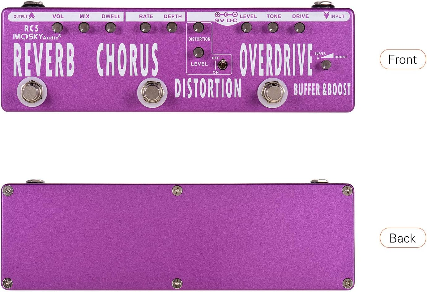 Guitar Multi-Effects Pedal, RC5 6-In-1 Guitar Multi-Effects Pedal Reverb + + Distortion + Overdrive + Booster + Buffer Full Metal Shell with True Bypass image number 4