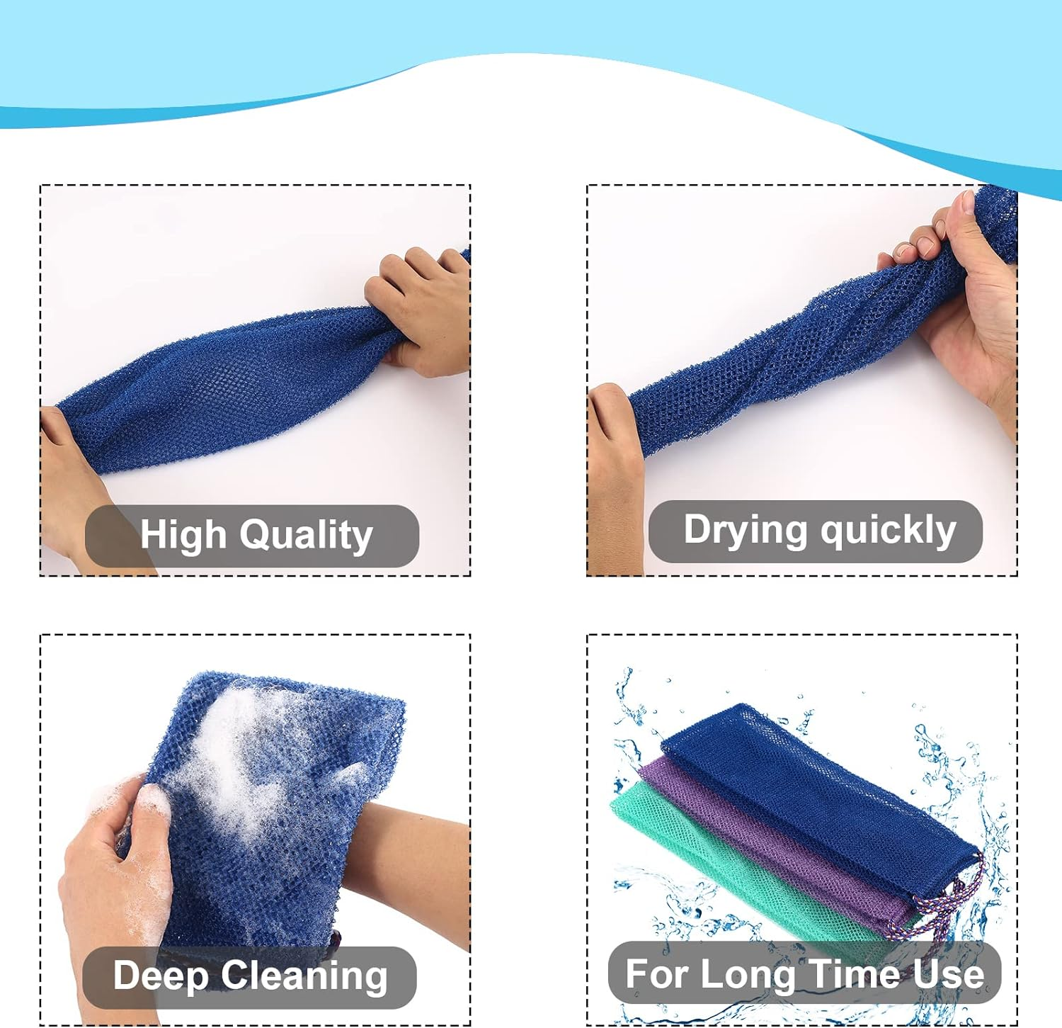 3 Pcs African Net Sponge African Exfoliating Net Long African Bath Sponge Washcloth Shower Net African Body Scrubber Net for Skin Smoother Daily Use(Purple+Blue+Lake Green) image number 6