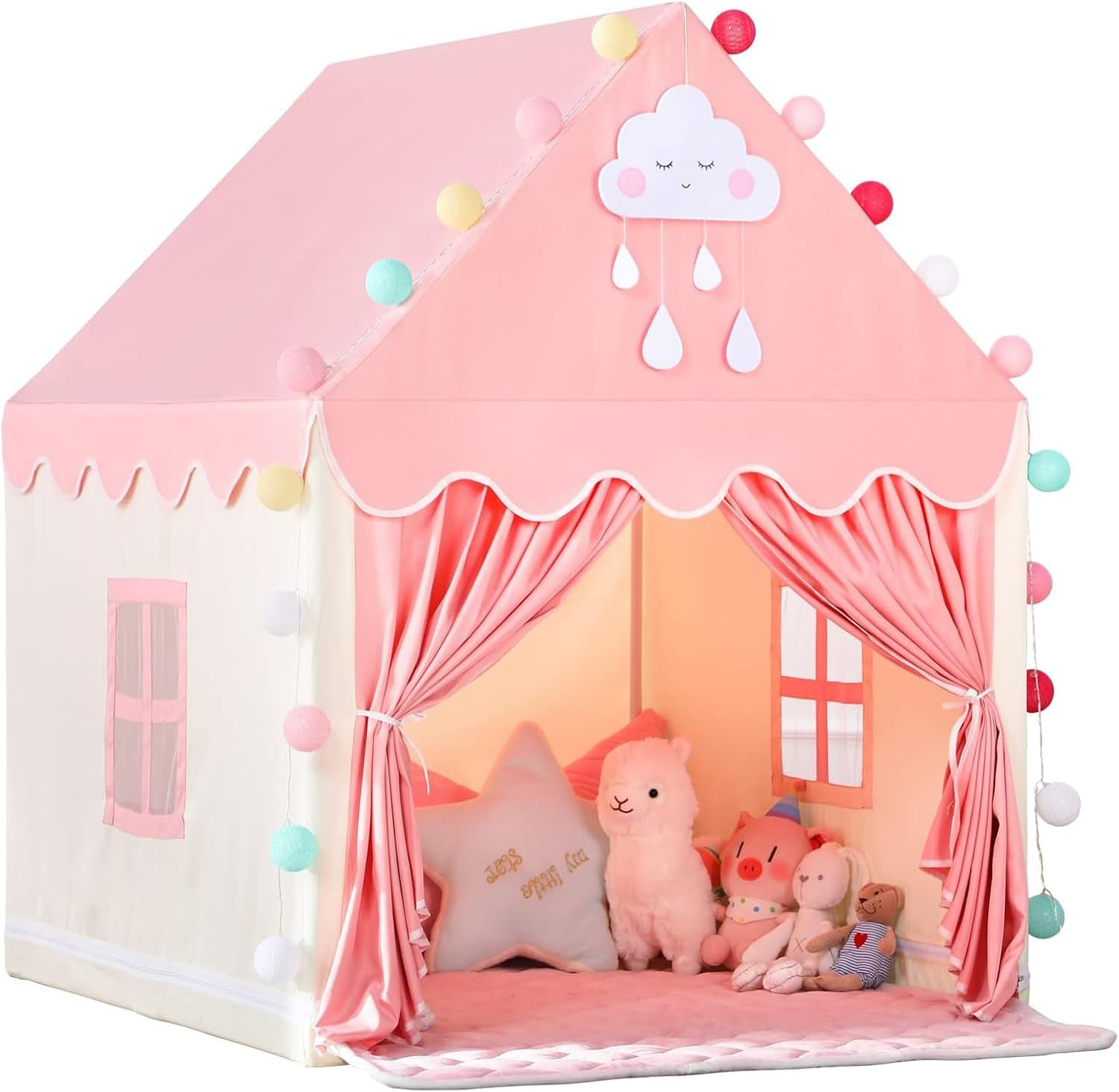 Kid Tent with Lights, Princess Tents for Girls Toy House Toddlers Kids Play Tent Large Indoor Playhouse with Windows and Roll up Door Pink Princess Castle Play Tents Girls & Boys Toy Gifts image number 6