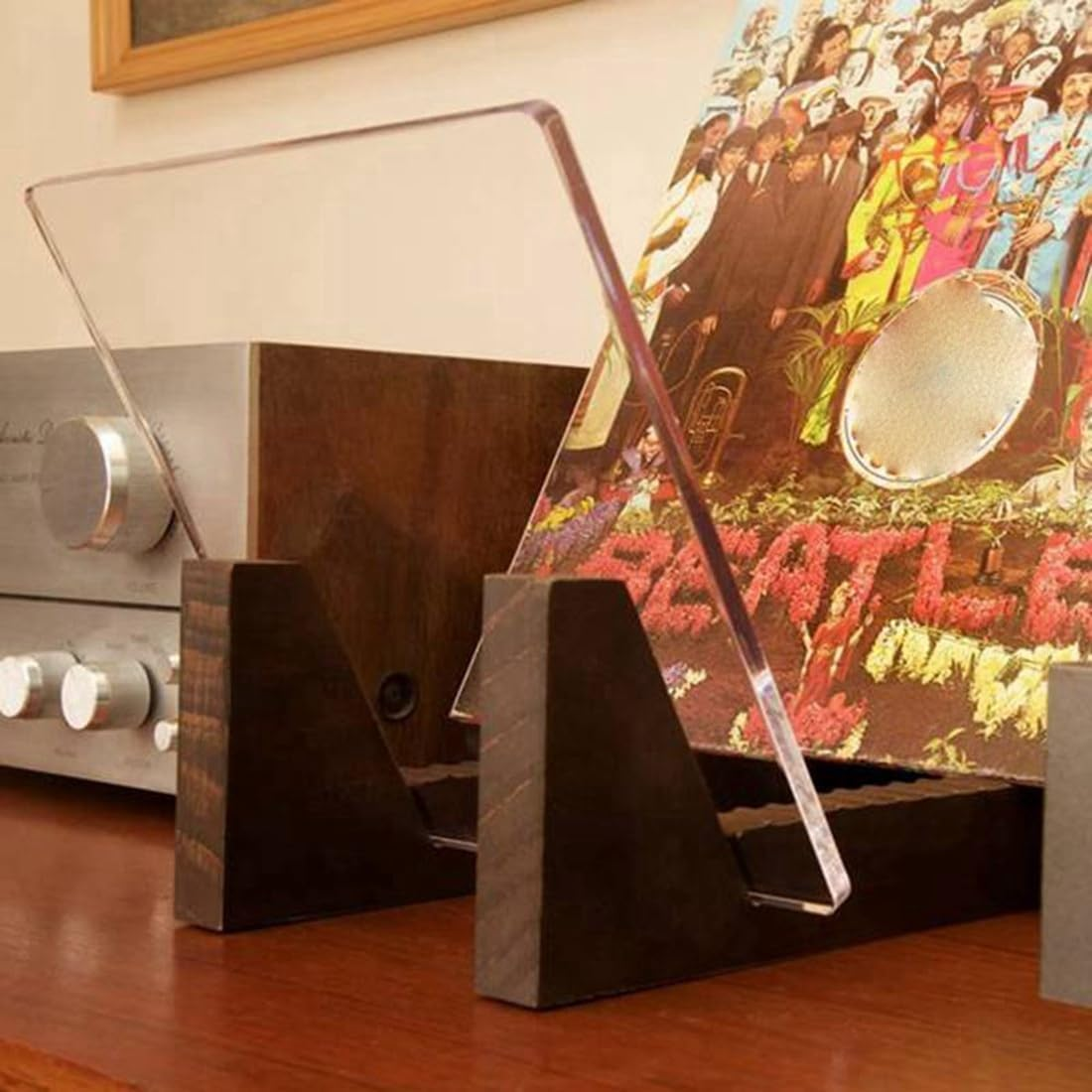 Spacesea Vinyl Record Storage Holder Large Capacity Acrylic Ends Display Stand Wooden LP Vinyl Album Desktop Rack image number 1
