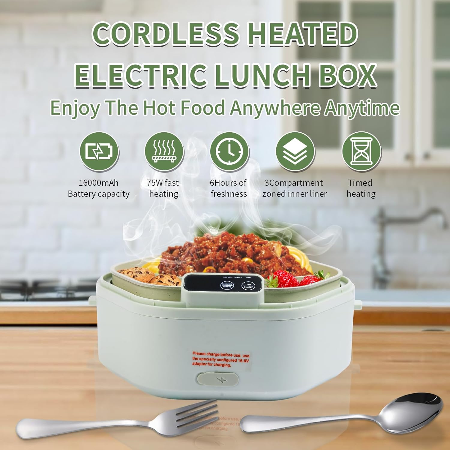 Cordless Electric Lunch Box,Heated Lunch Box Battery Powered with 1L Container, Adjustable Heating Warming Time Portable Food Warmer with Large Bag, Cutlery for Work, Travel and Office image number 6